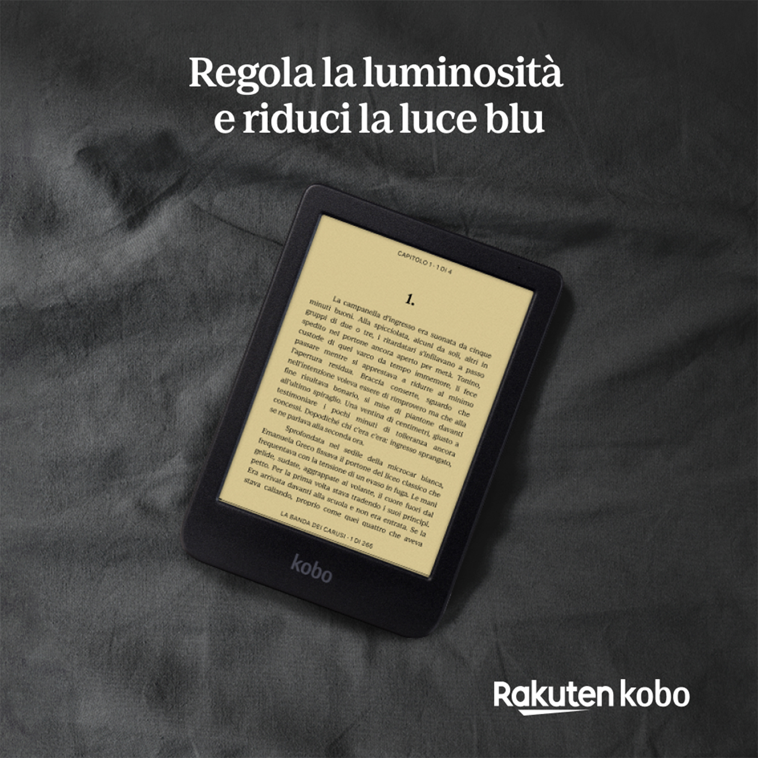 E-reader con testo sullo schermo, logo Rakuten Kobo e testo su sfondo scuro.
