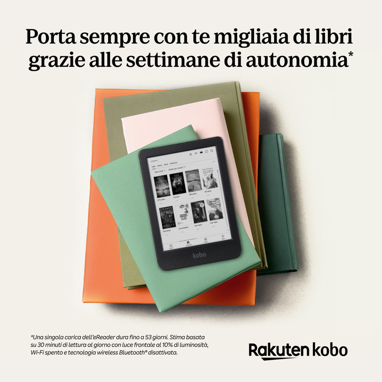 eReader con libri. Testo: Porta sempre con te migliaia di libri grazie alle settimane di autonomia.