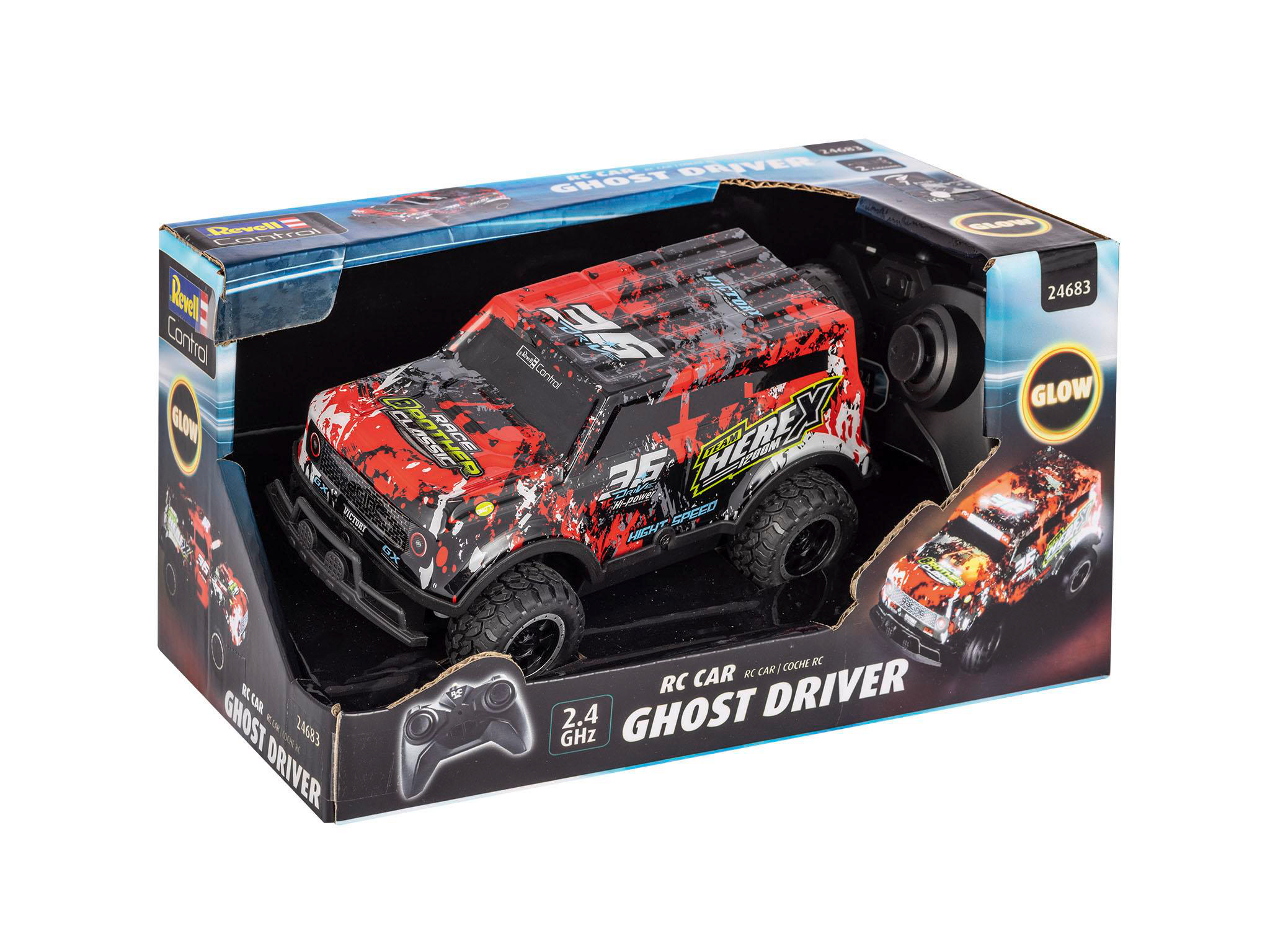 Ein Spielzeugauto in einer Box. Das Auto ist rot und schwarz, mit weißem Hintergrund.