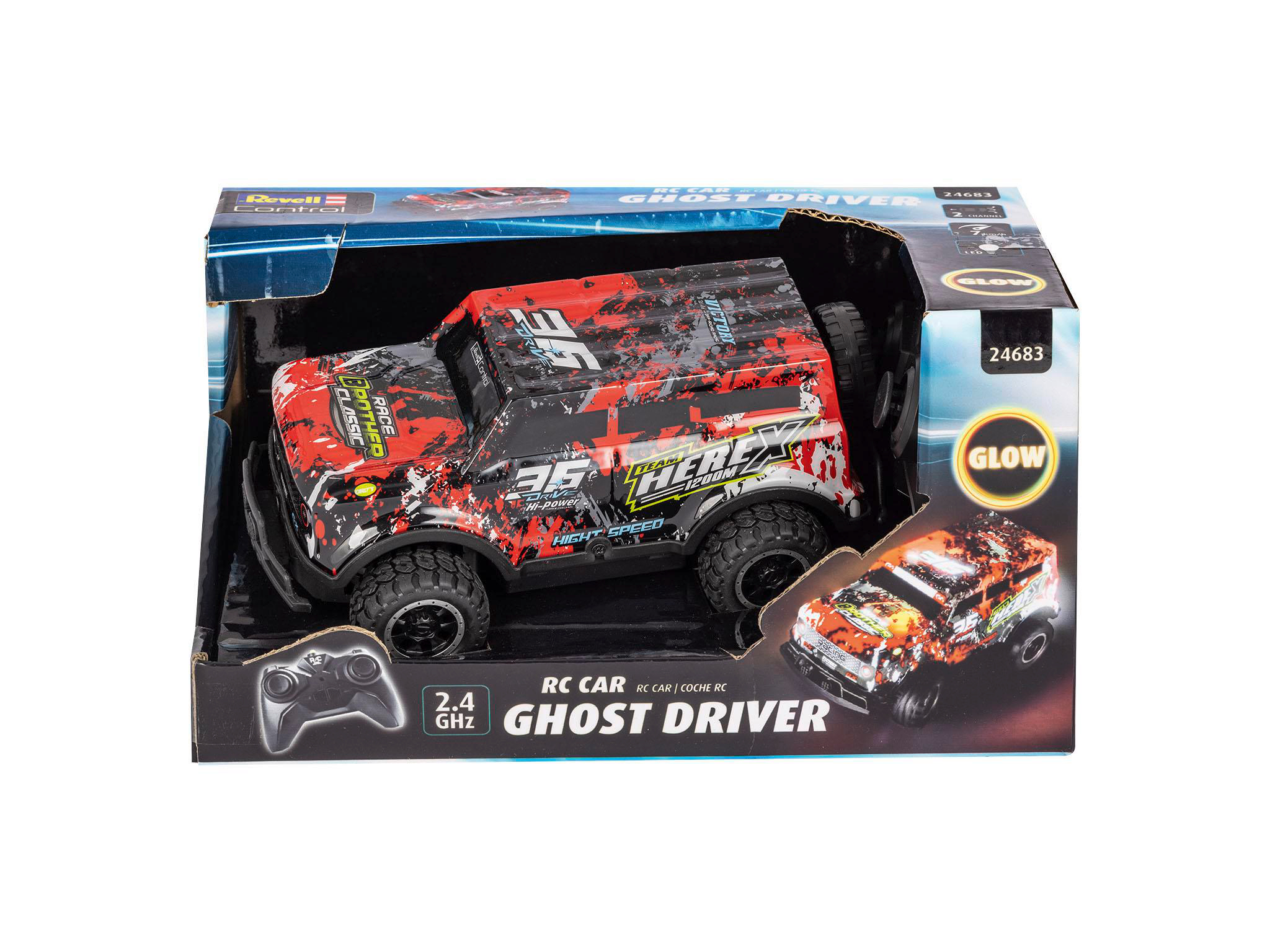 Spielzeug-Fernbedienungswagen in einer Box. Rotes und schwarzes Auto mit einer 36 an der Seite und Fernbedienung.