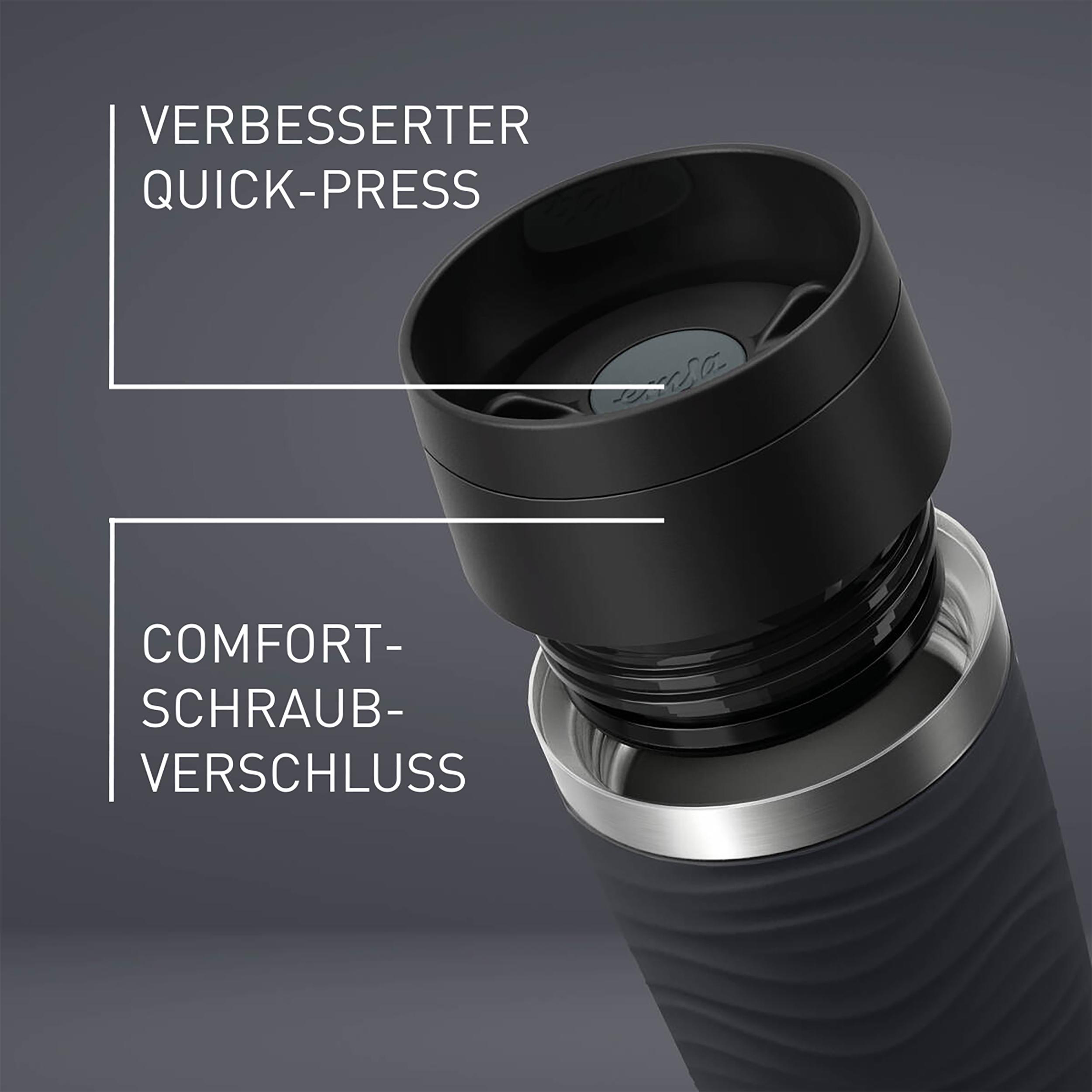 Eine schwarze Reise-Tasse, die Oberseite zeigt 'VERBESSERTER QUICK-PRESS' und 'COMFORT-SCHRAUB-VERSCHLUSS'.