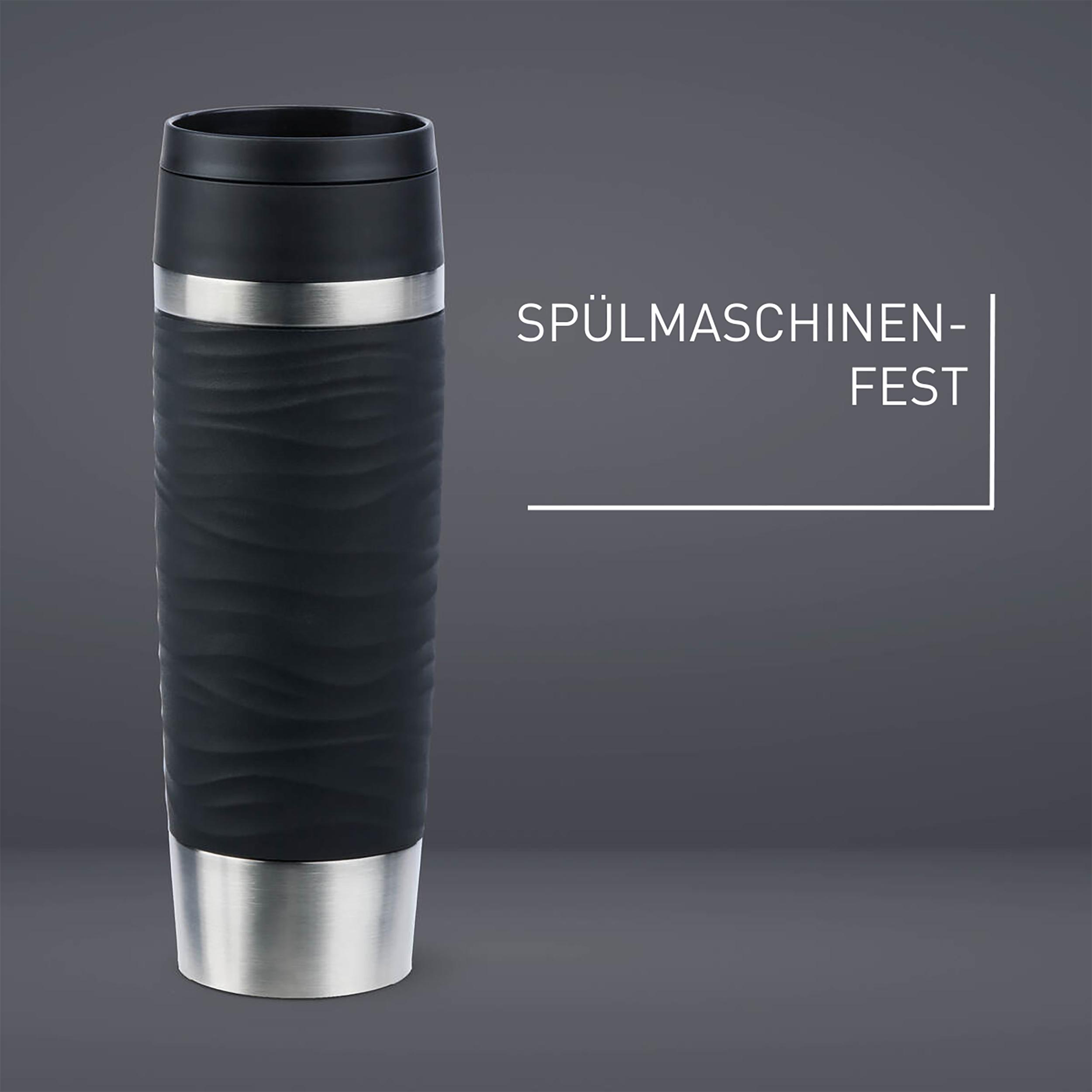Schwarzer und silberner Reisebecher mit wellenförmigem Design, Text 'SPÜLMASCHINEN-FEST'.