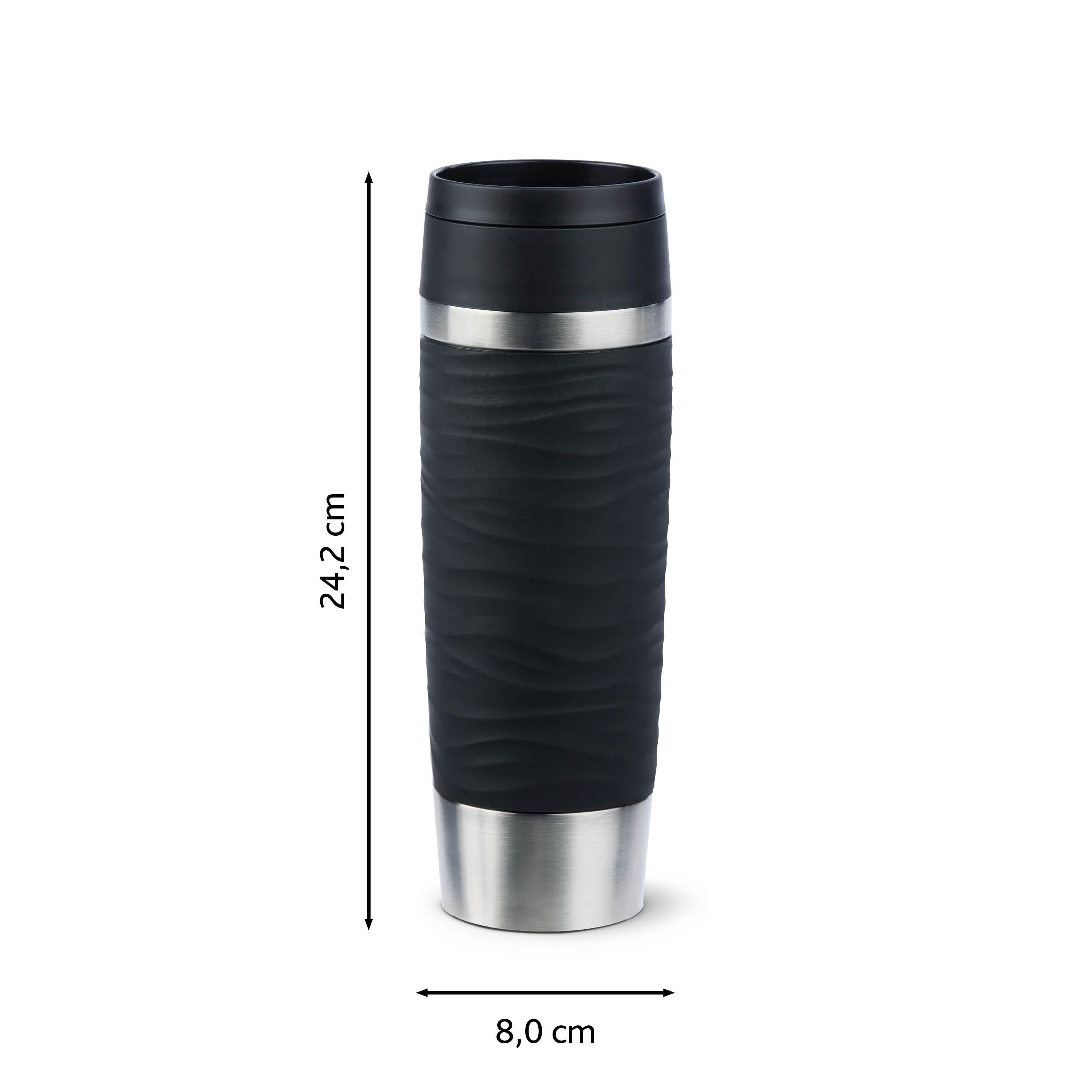 Schwarz-silberner Reisebecher, 24,2 cm hoch, 8 cm Basisdurchmesser. Abmessungen sind beschriftet.