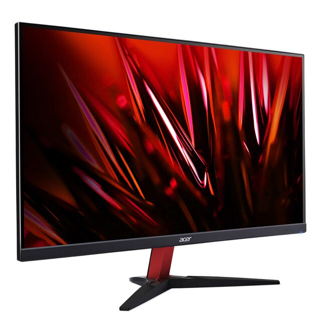 Un monitor Acer negro con soporte y detalles rojos, que muestra un gráfico rojo.