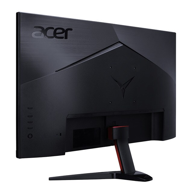 Parte trasera del monitor negro: logo Acer, zona de puertos y un soporte con detalles en rojo sobre fondo blanco.