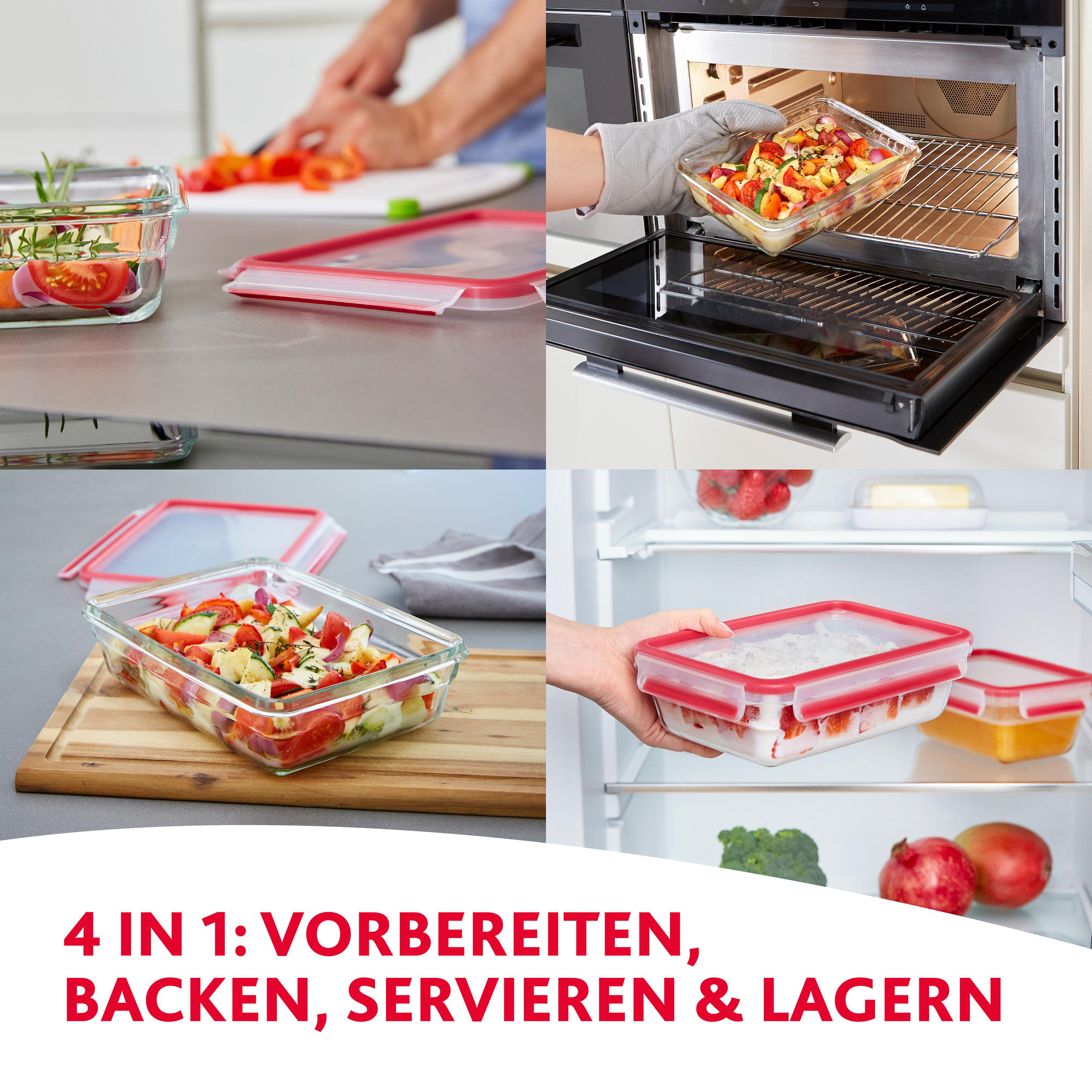 Vier Bilder zeigen Lebensmittelbehälter, einschließlich Zubereitung, Backen, Servieren und Lagern.