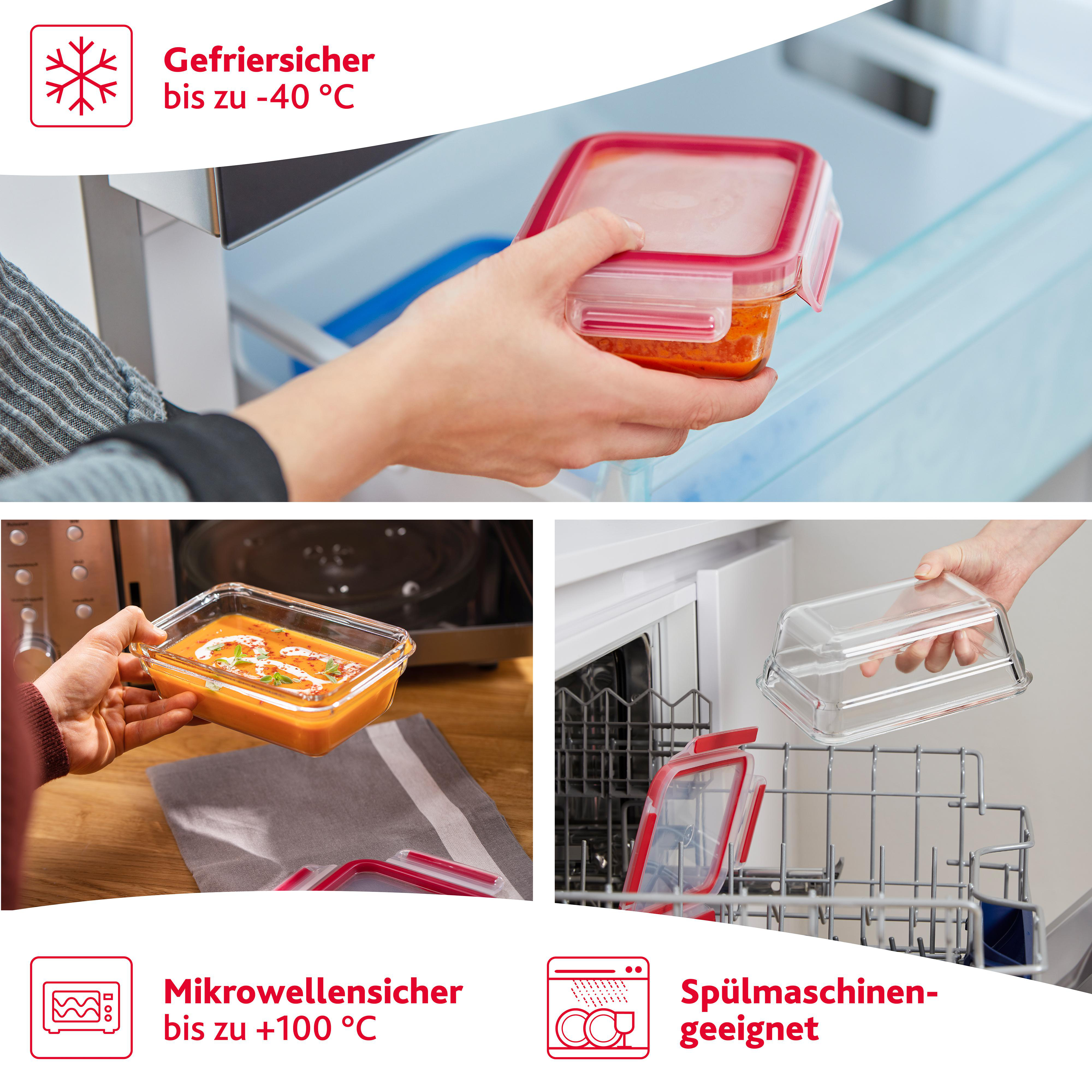 Drei Bilder zeigen Lebensmittelbehälter mit roten Deckeln, im Kühlschrank und Geschirrspüler.