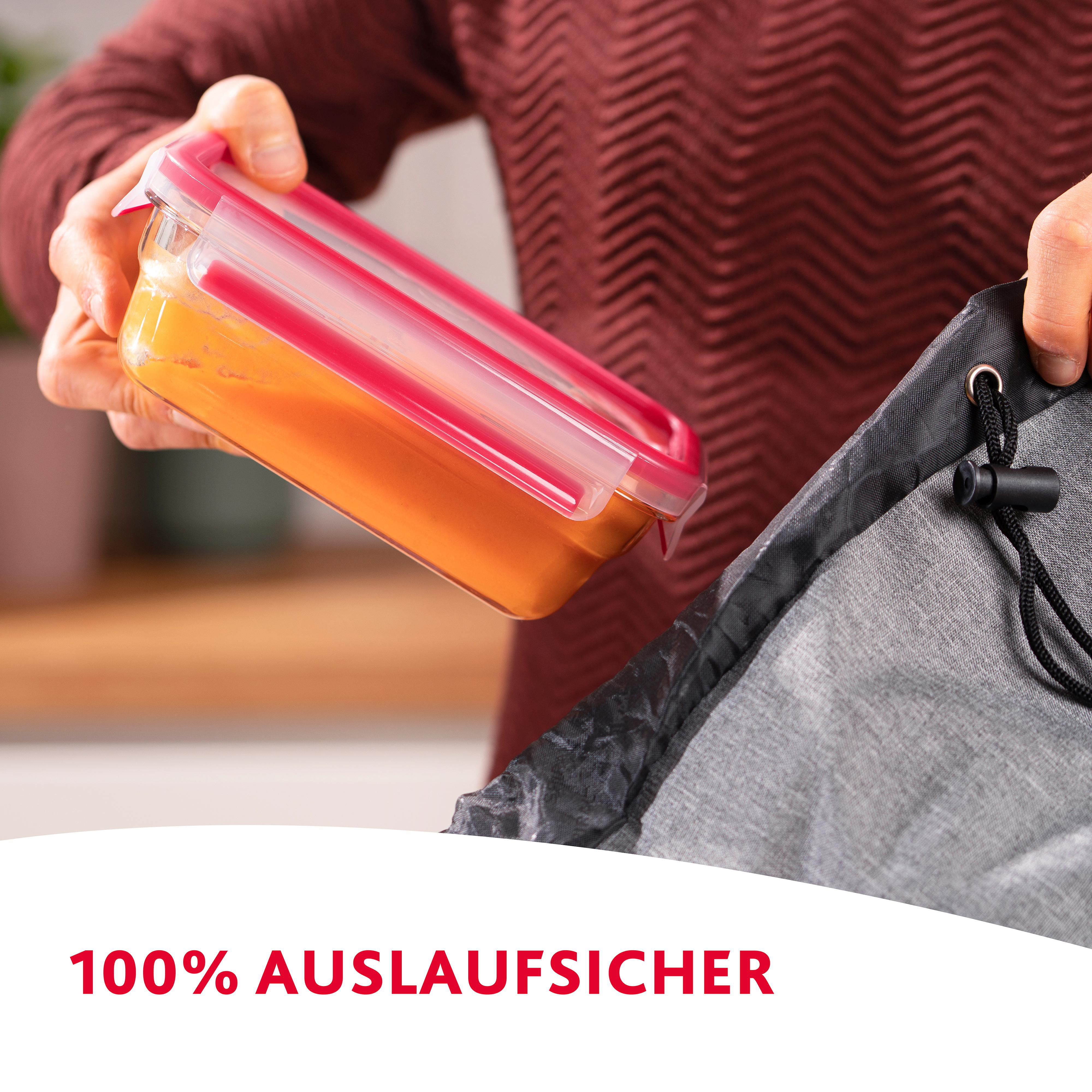 Eine Person hält einen Behälter mit Essen vor einer grauen Tasche. Der Text lautet '100% AUSLAUFISICHER'.