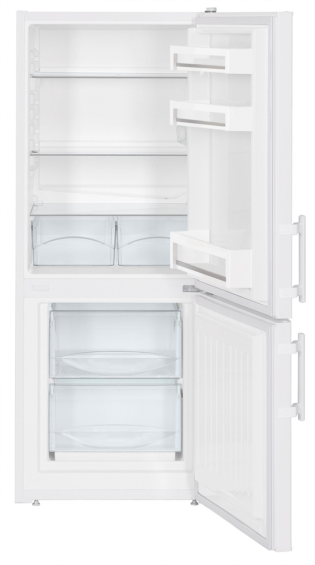 Geöffneter weißer Kühlschrank mit Regalen, Schubladen und Stauraum.