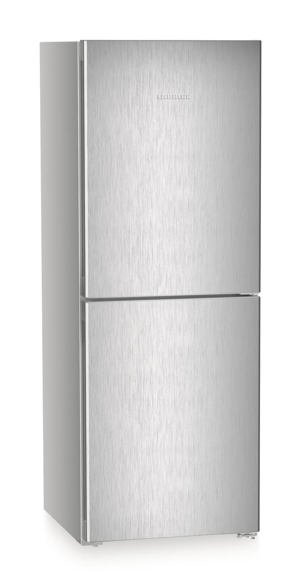 Kühlschrank aus Edelstahl mit zwei Türen. Die obere Tür ist etwas kleiner als die untere.