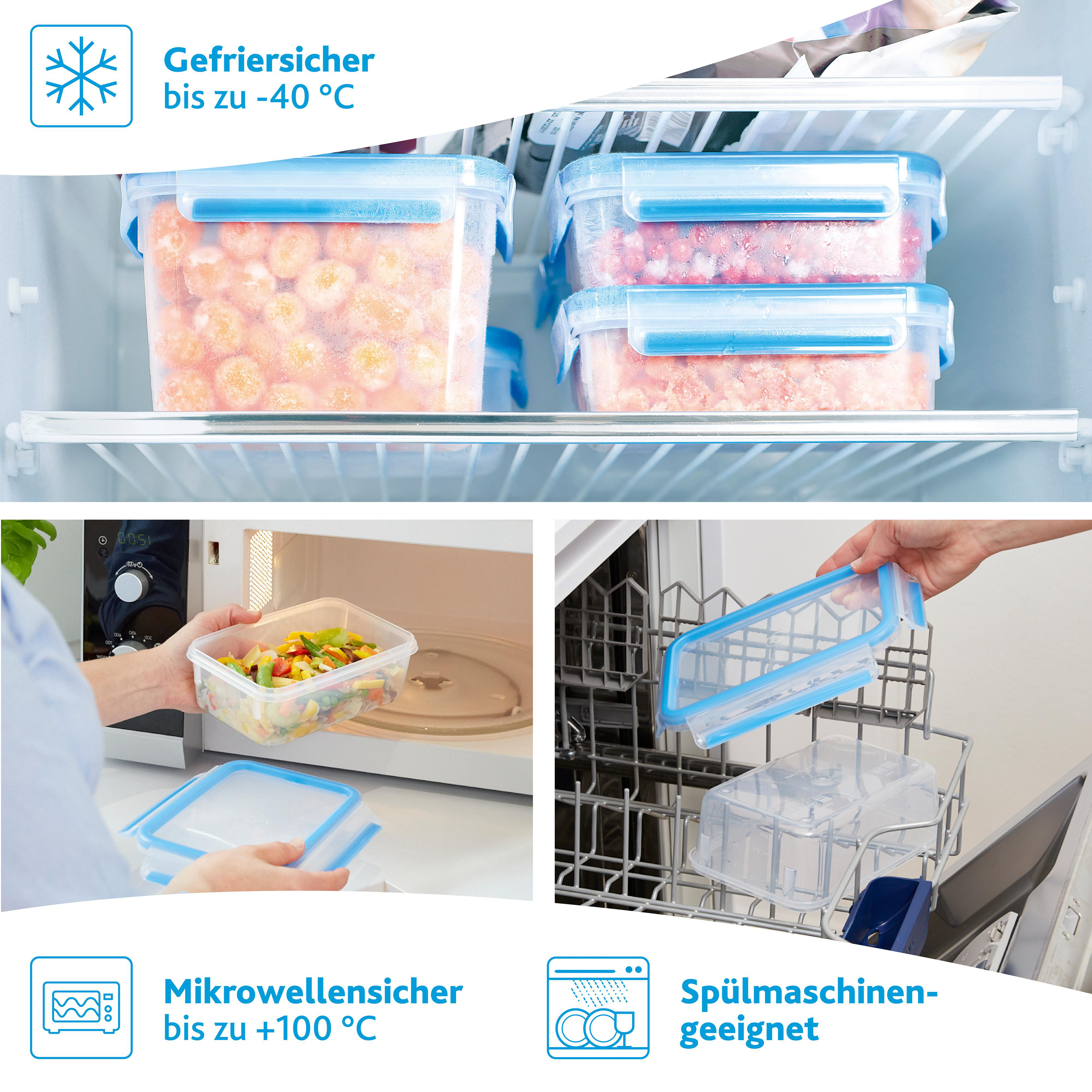 Lebensmittelbehälter in Kühlschrank, Mikrowelle und Geschirrspüler.