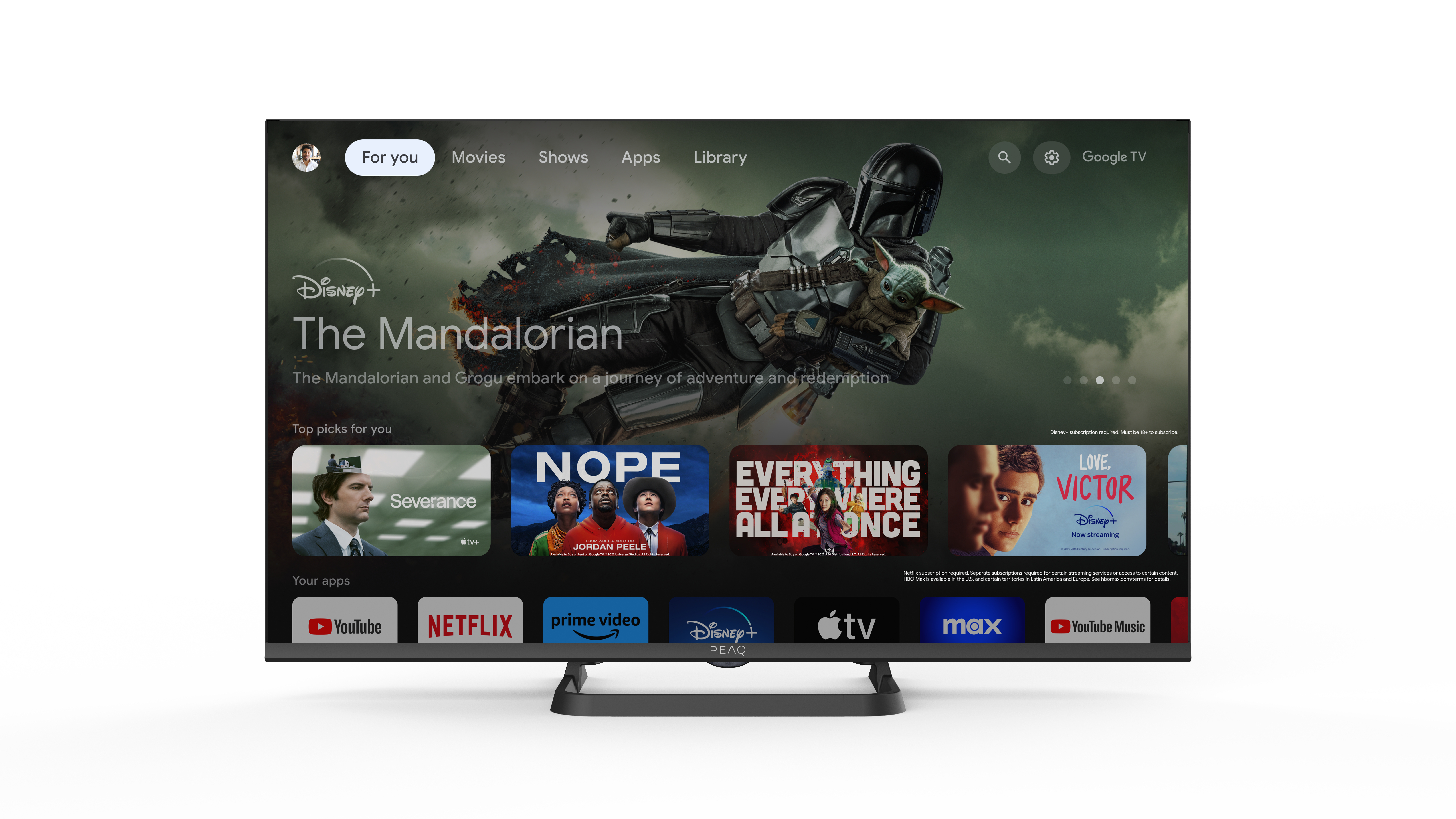 Ein Fernsehbildschirm, der The Mandalorian auf Disney+ zeigt.
