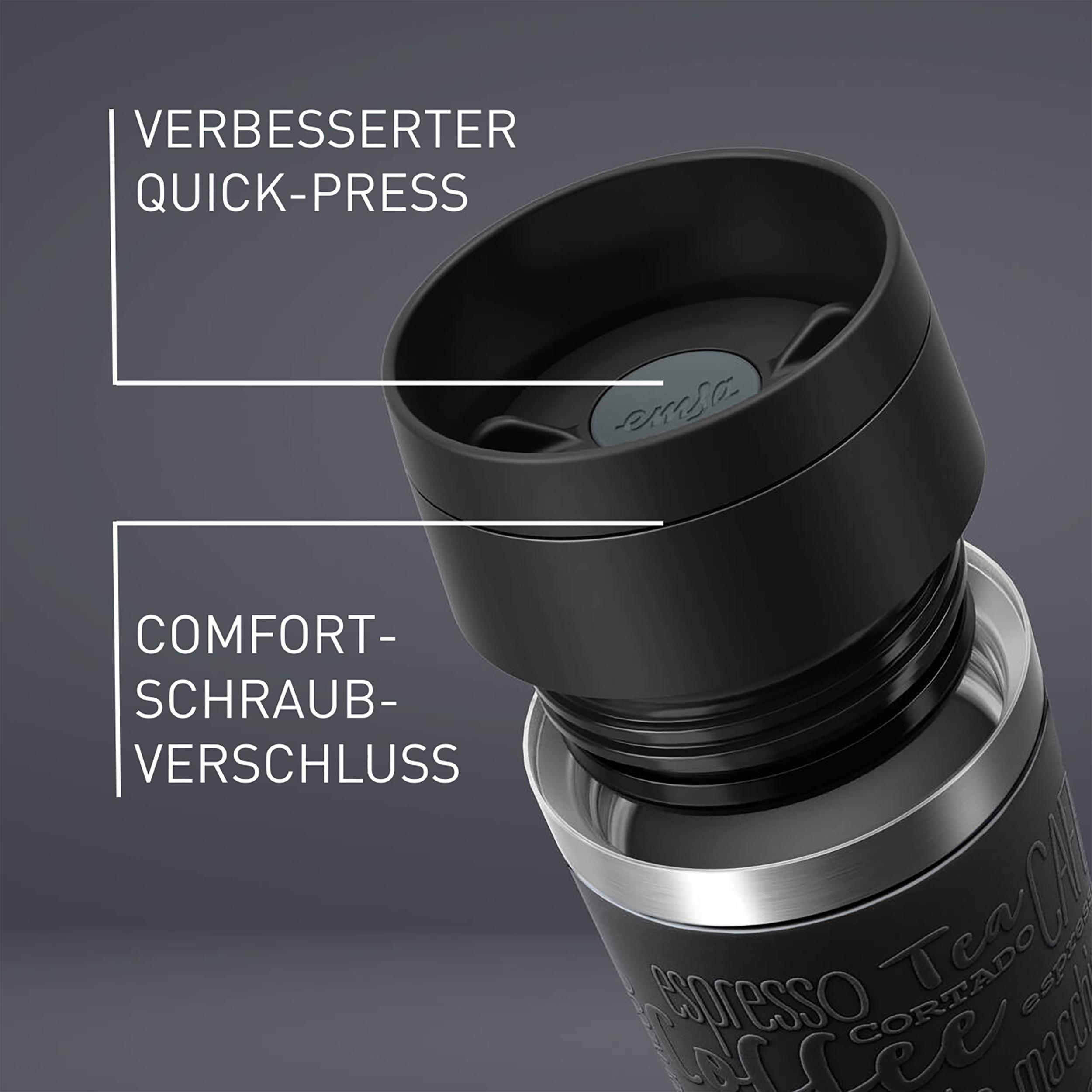 Schwarzer Reisebecher mit Text, Details und beschrifteten Teilen. Nahaufnahme.