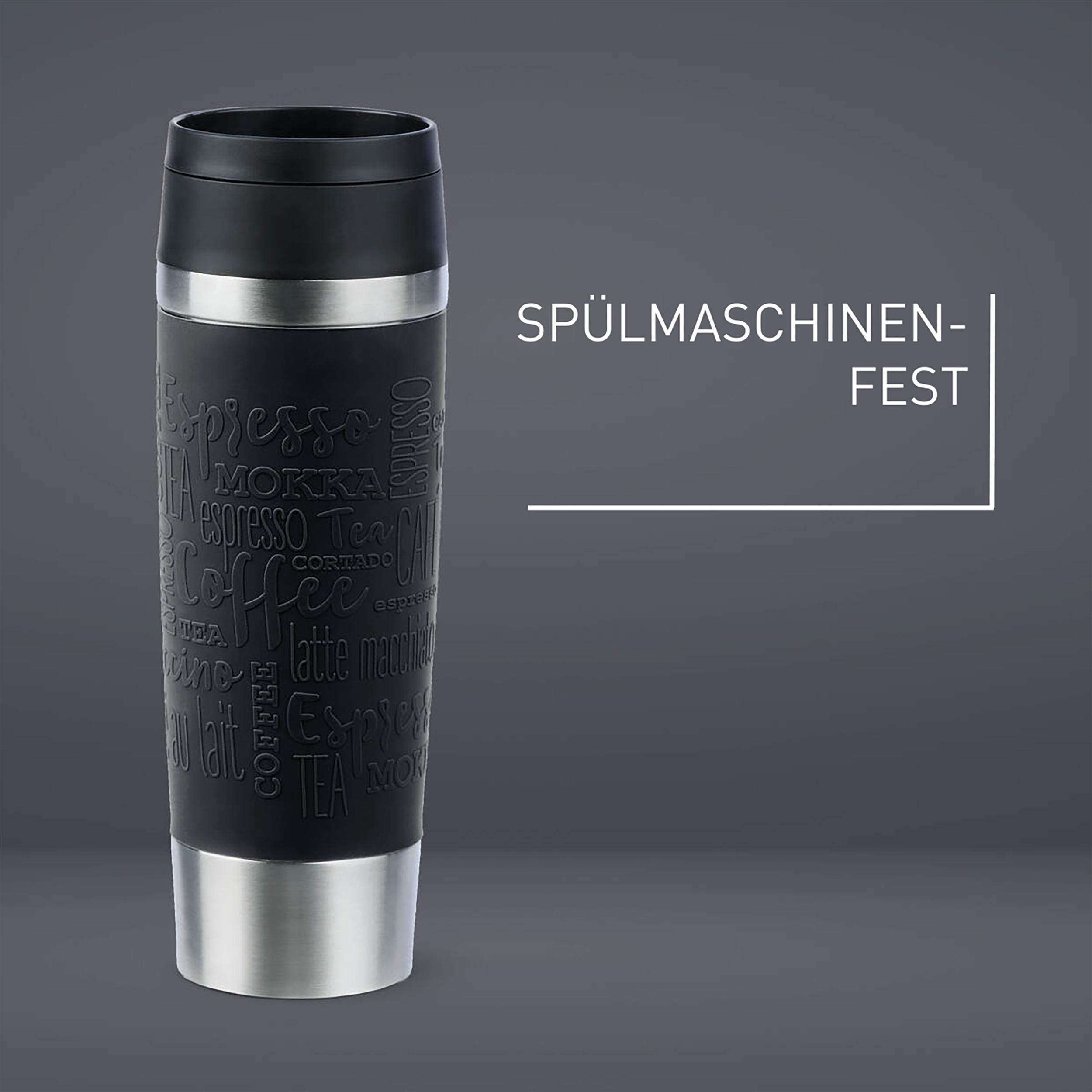 Schwarzer Reisebecher mit Kaffee-Text. Edelstahlboden und schwarzer Deckel.