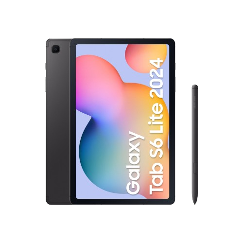 Tableta Samsung Galaxy Tab S6 Lite 2024 con lápiz óptico sobre fondo blanco.