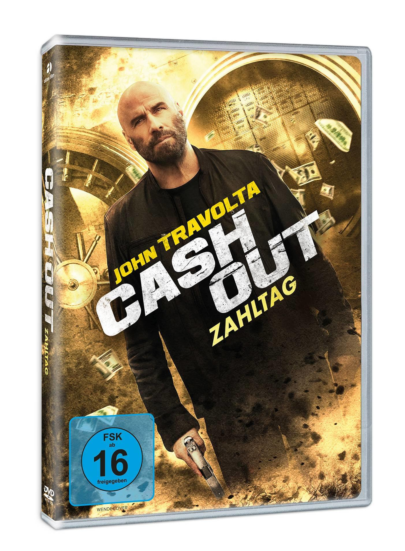 DVD-Hülle des Films 'Cash Out'. John Travolta auf dem Cover. Dunkles, actionorientiertes Design. Bewertungsetikett.