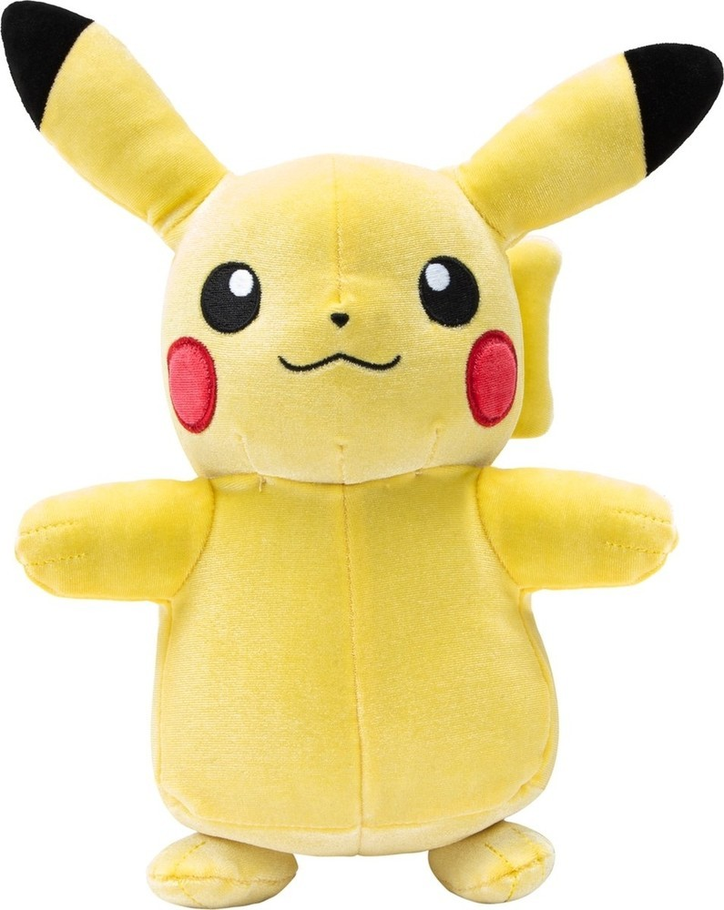 Peluche Pikachu. Corps jaune, joues rouges, yeux noirs et oreilles à pointes noires. Isolé.