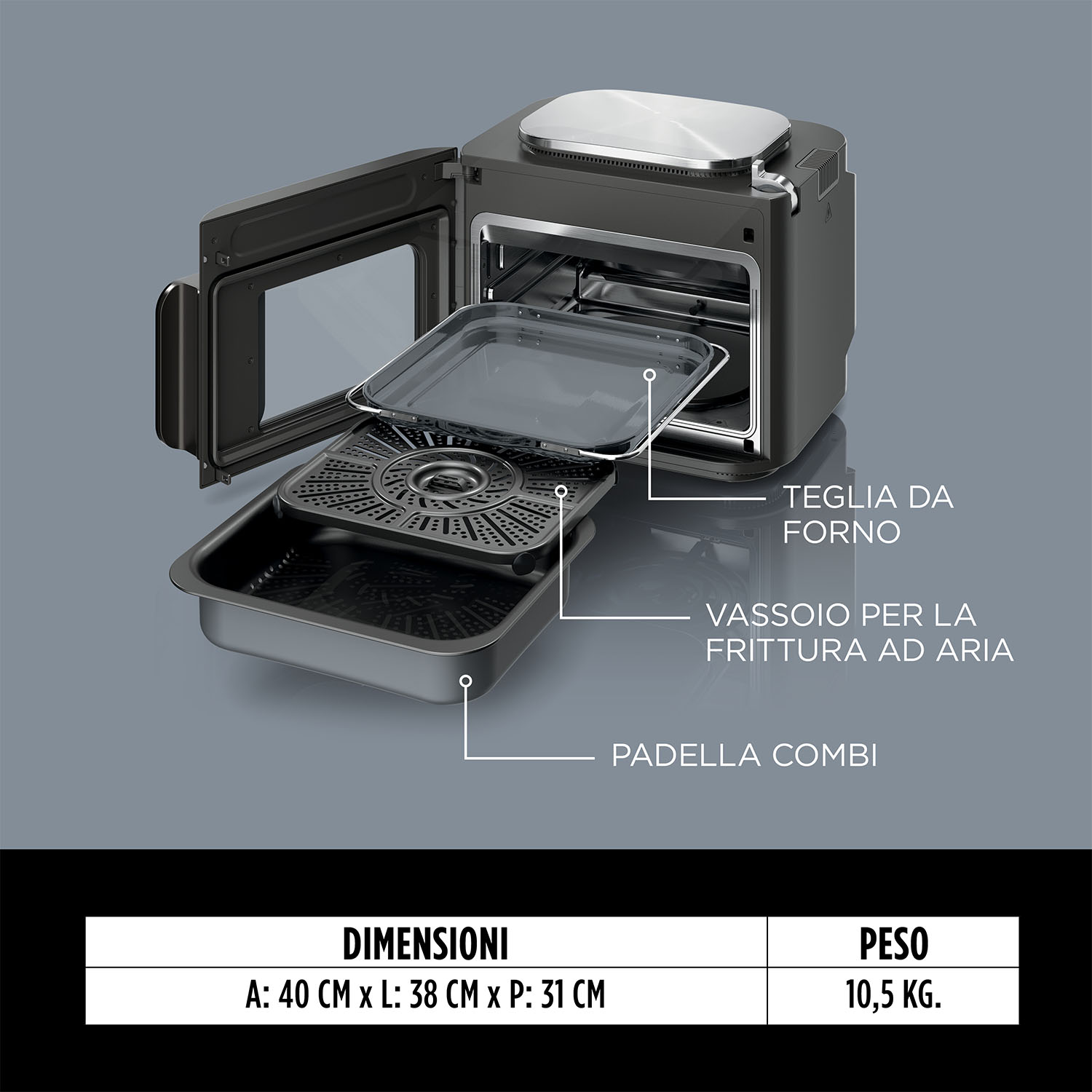 Friggitrice ad aria nera con porta aperta. Vassoio, cestello e tegame. Dimensioni e peso.