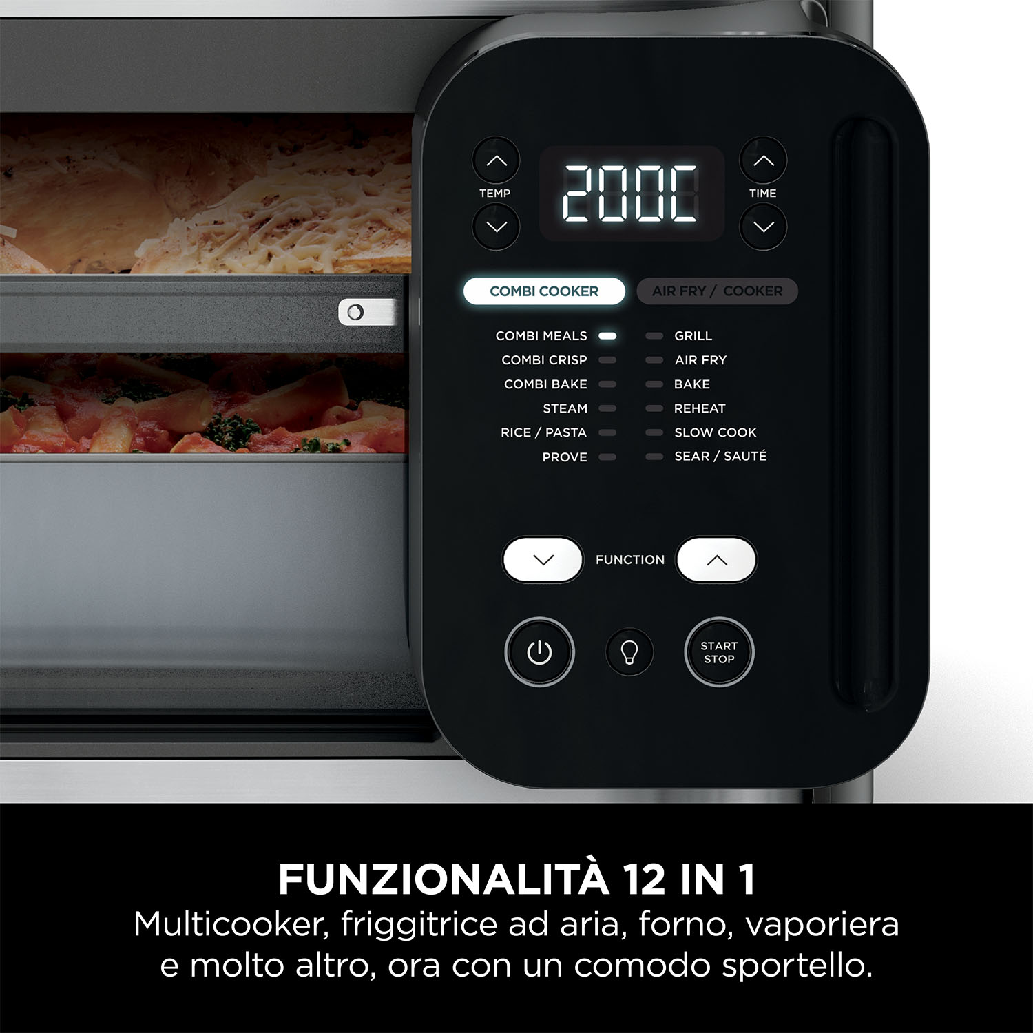 Pannello di controllo nero con display digitale e pulsanti. Con combi cooker e air fryer.