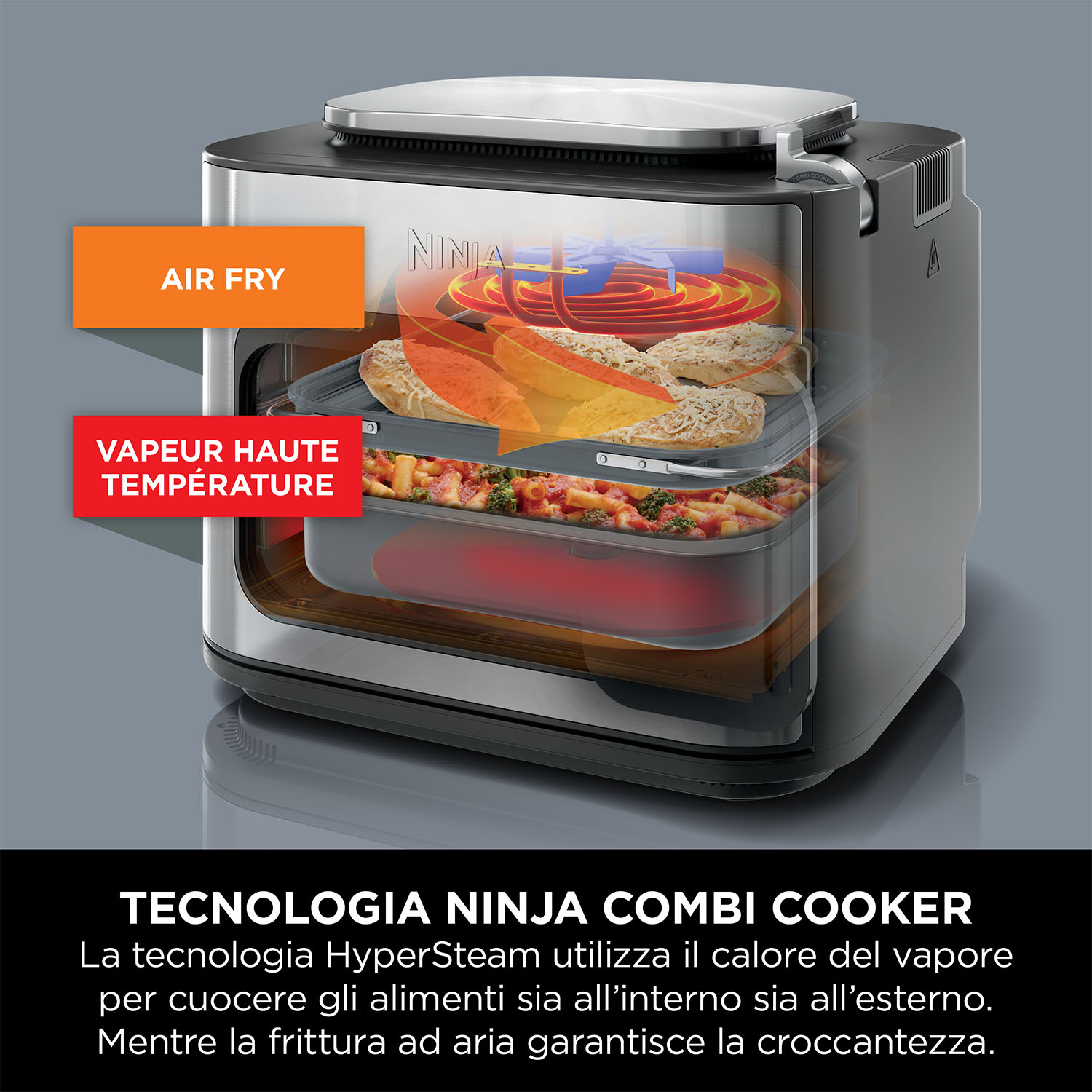 Una friggitrice ad aria con cibo all'interno. I testi 'AIR FRY' e 'VAPEUR HAUTE TEMPÉRATURE' sono visibili.