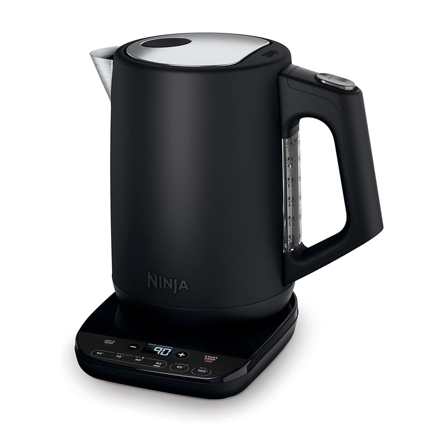 Bollitore elettrico nero con base digitale, isolato su bianco.