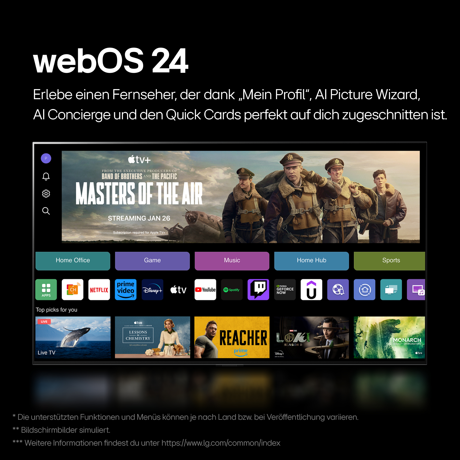 Ein Fernsehbildschirm, der eine Show mit App-Symbolen und Text 'webOS 24' anzeigt.