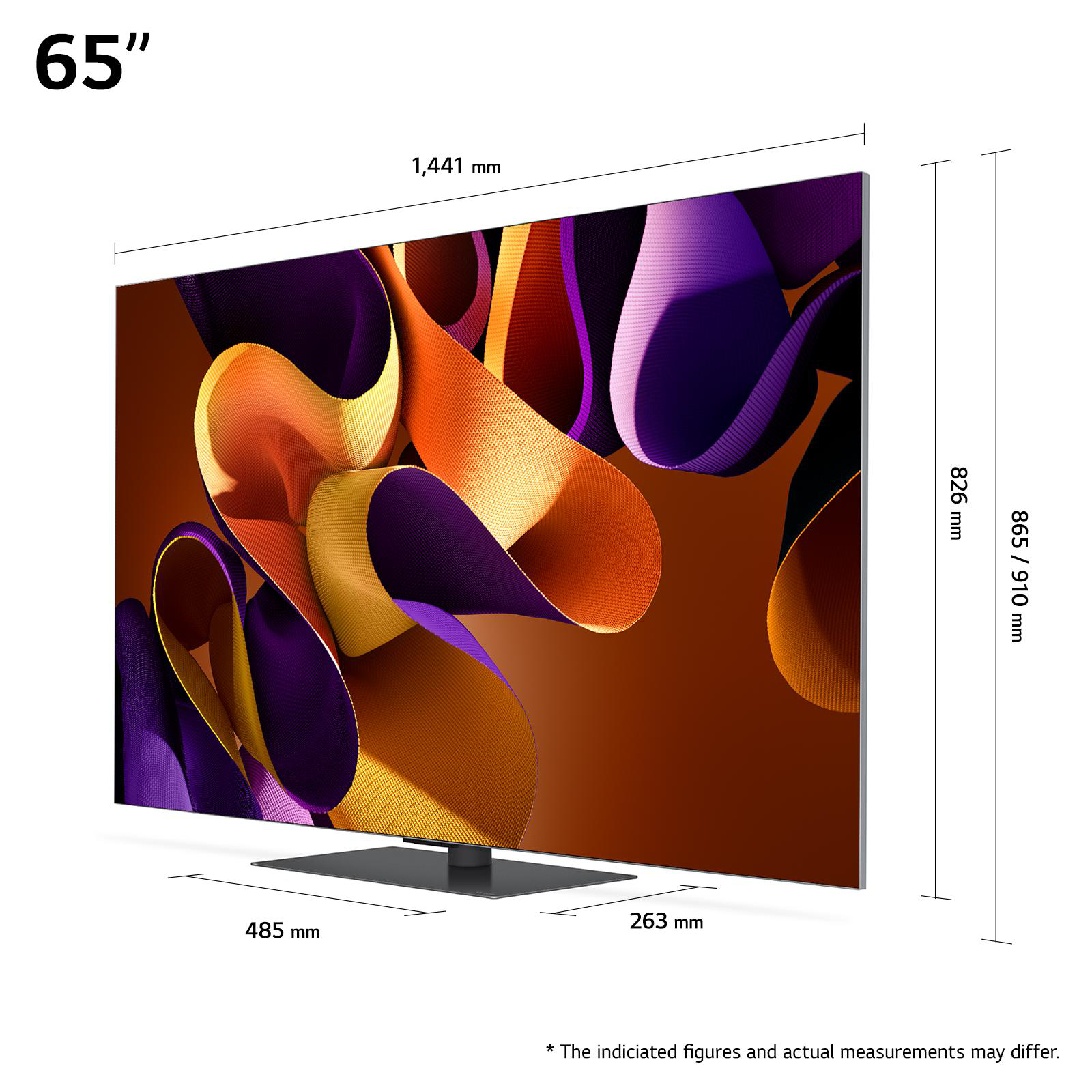 65-Zoll-Fernseher. Darstellung farbenfroher abstrakter Formen. Abmessungen und Maße sind angegeben. Dunkler Ständer.