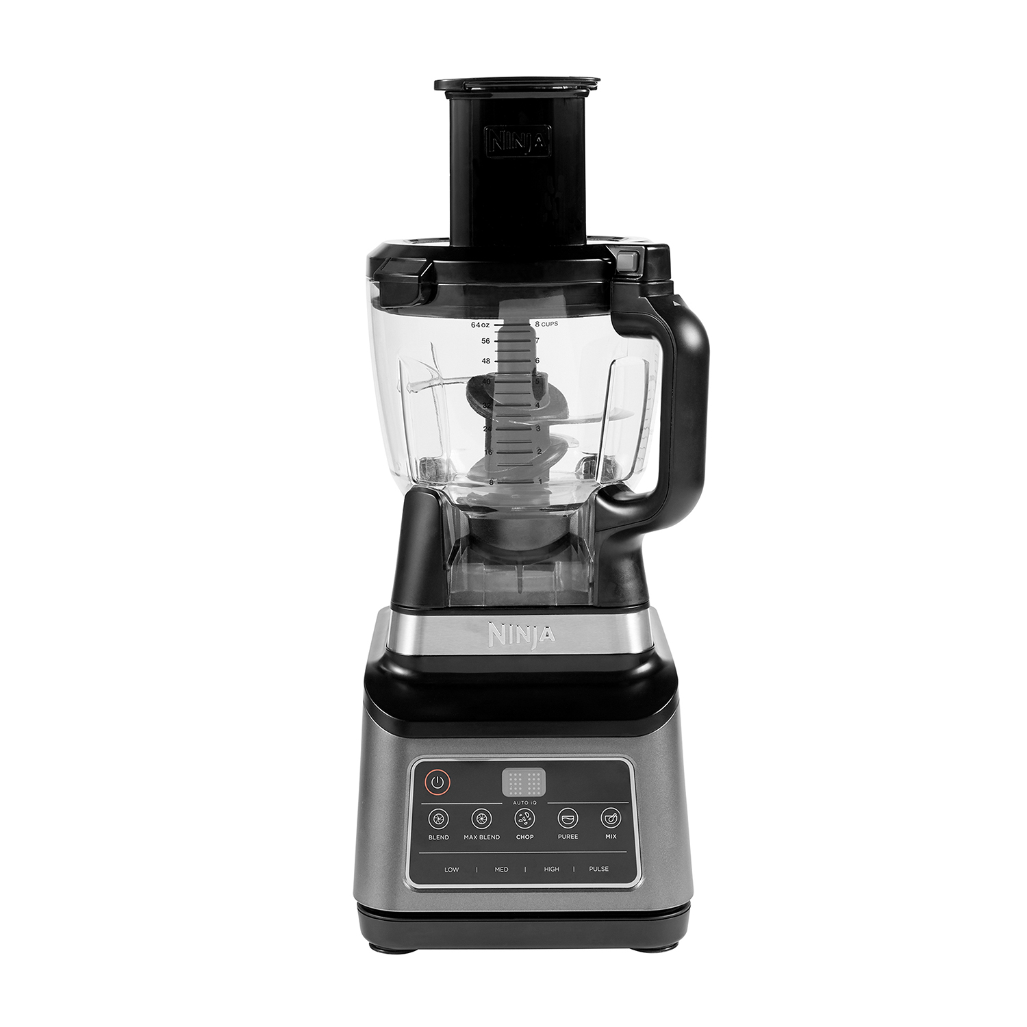 Robot da cucina Ninja, base argentata con parte superiore nera, pulsanti e display.