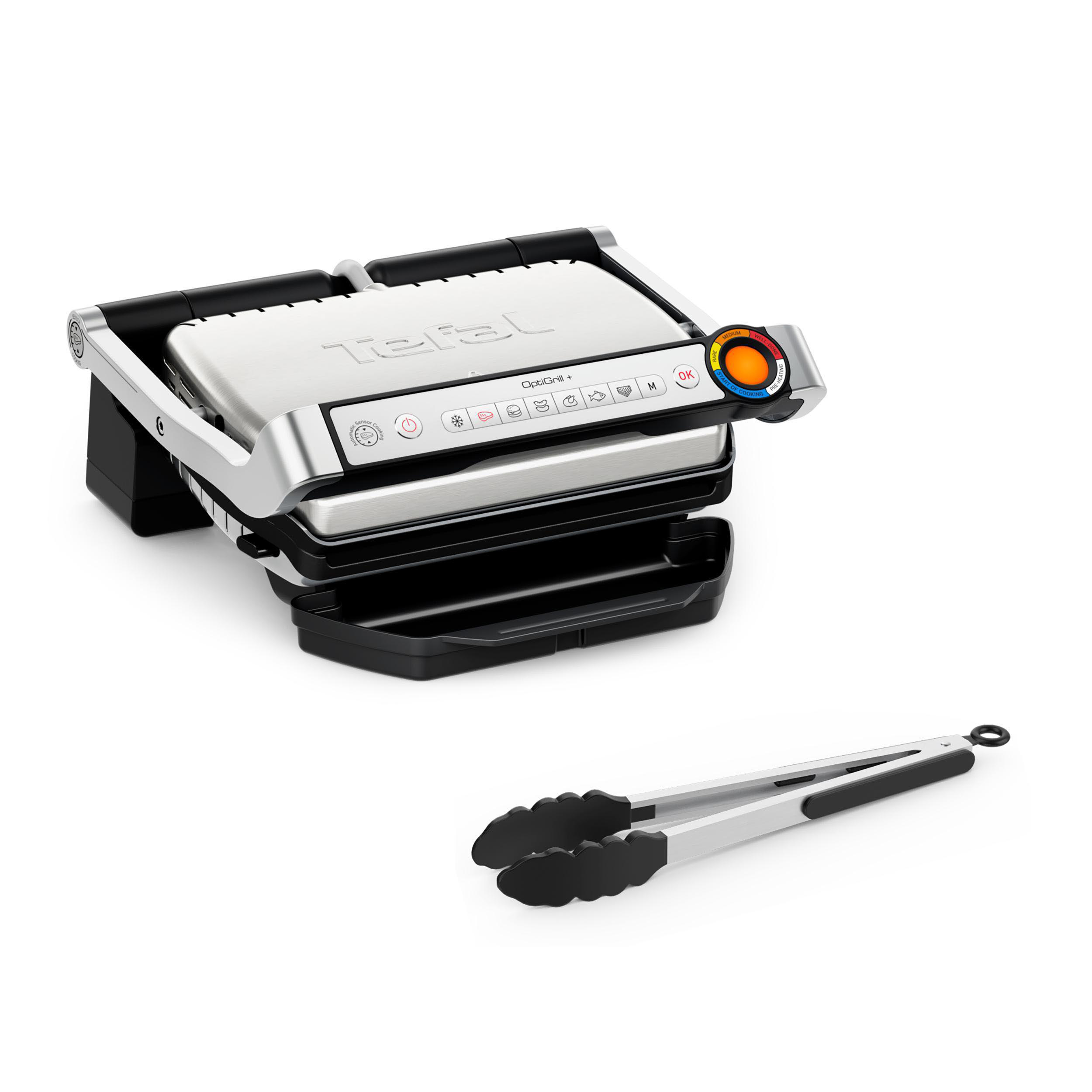Tefal Optigrill mit Zange. Grill ist offen, schwarz und silber. Zange ist schwarz und silber. Weißer Hintergrund.