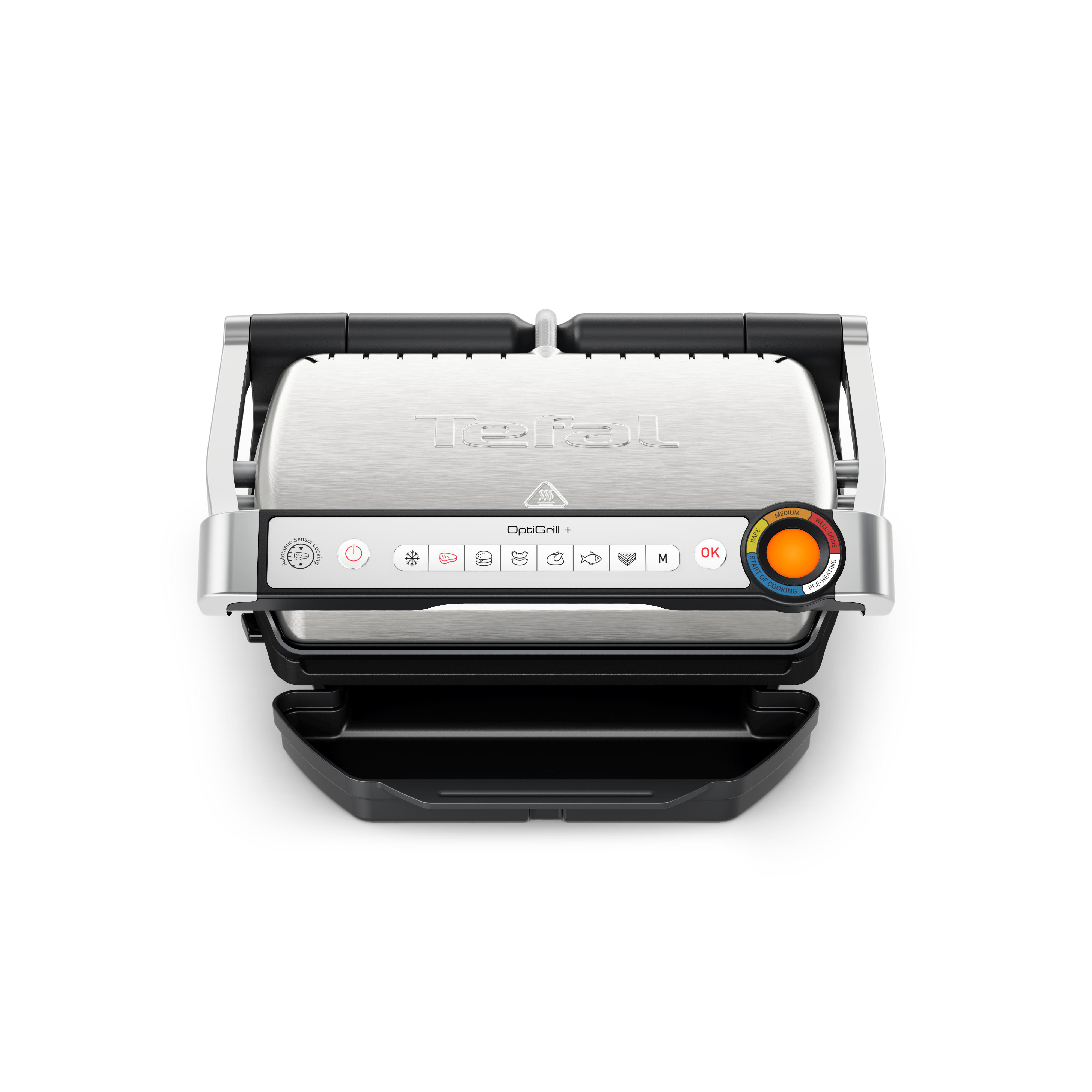 Offener Tefal OptiGrill+ von oben. Silber und schwarz, mit Knöpfen und einem Temperaturregler. Der Hintergrund ist weiß.