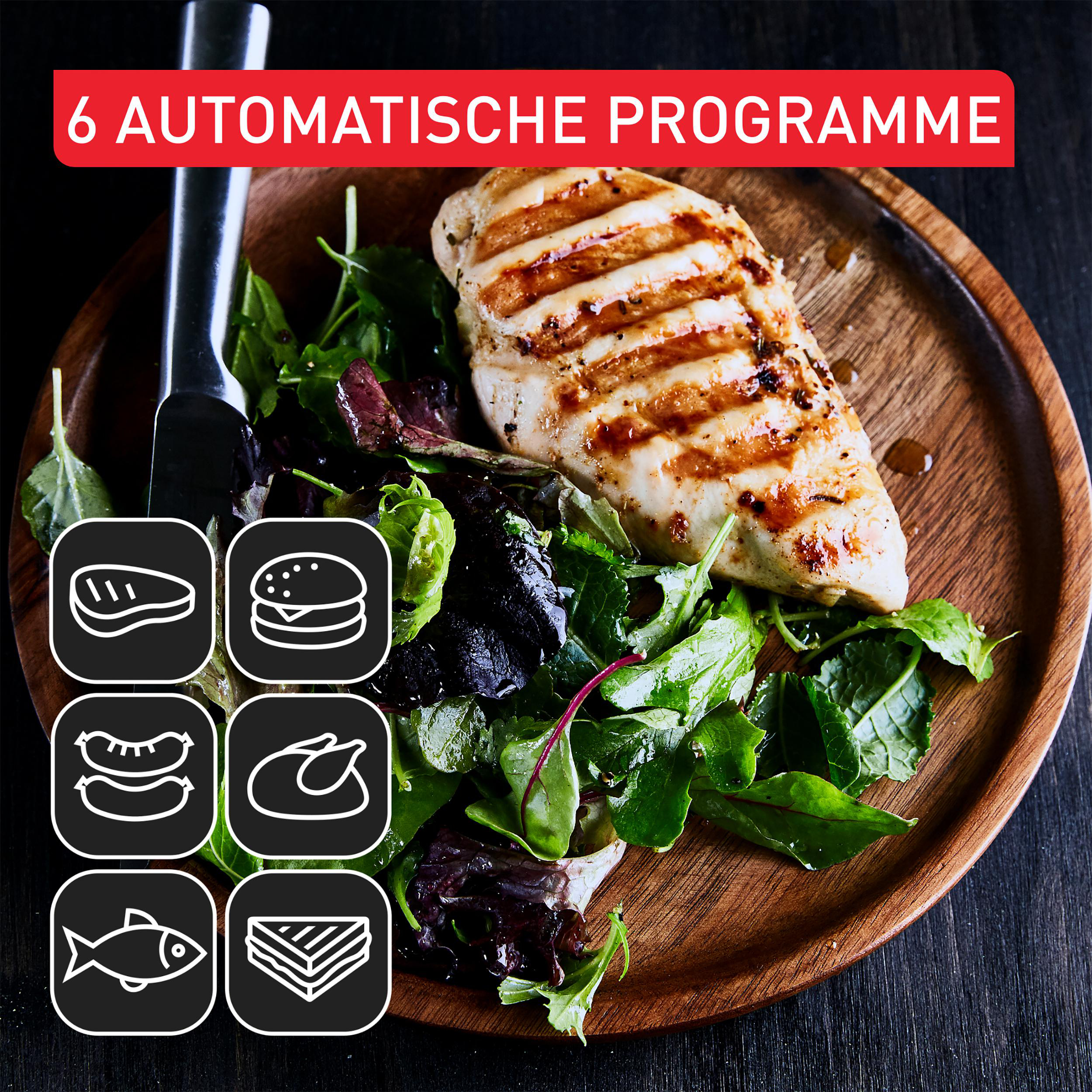 Gegrillte Hähnchenbrust mit Salat und Symbolen für Kochprogramme.