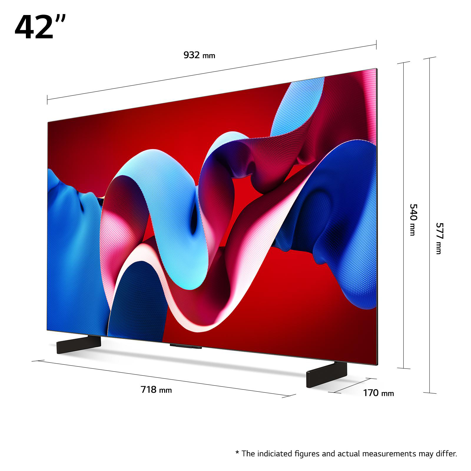 Ein 42-Zoll-Fernseher mit einem abstrakten Bild und beschrifteten Abmessungen. Er hat einen schwarzen Ständer und einen rot-blauen Hintergrund.