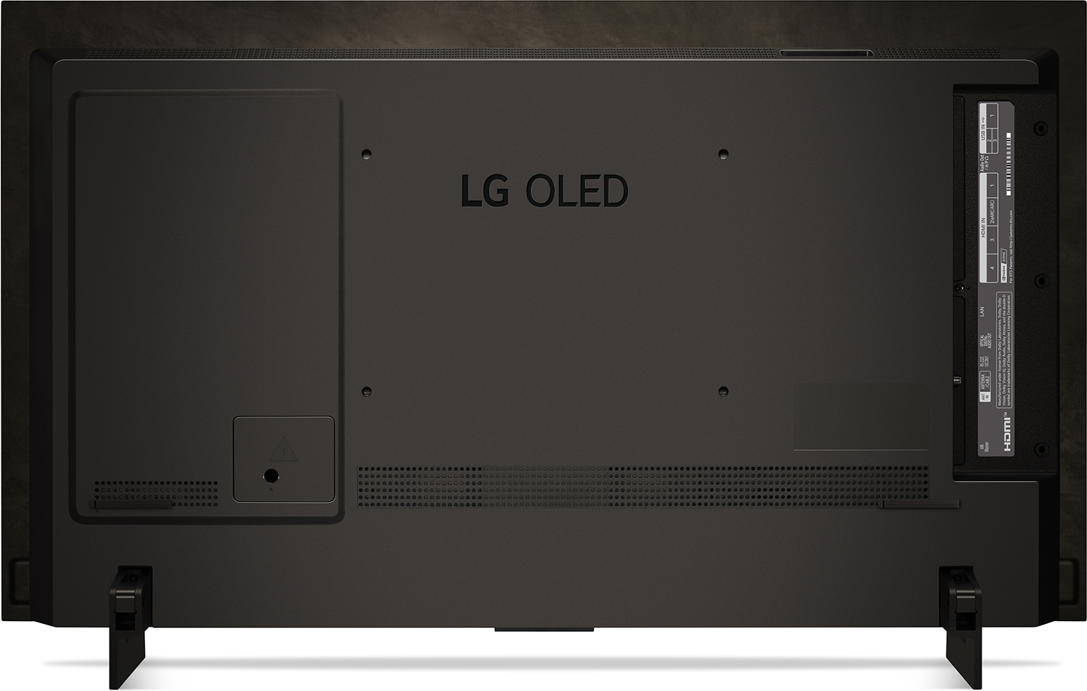 Die Rückseite eines schwarzen LG OLED-Fernsehers mit Anschlüssen und Ständer.