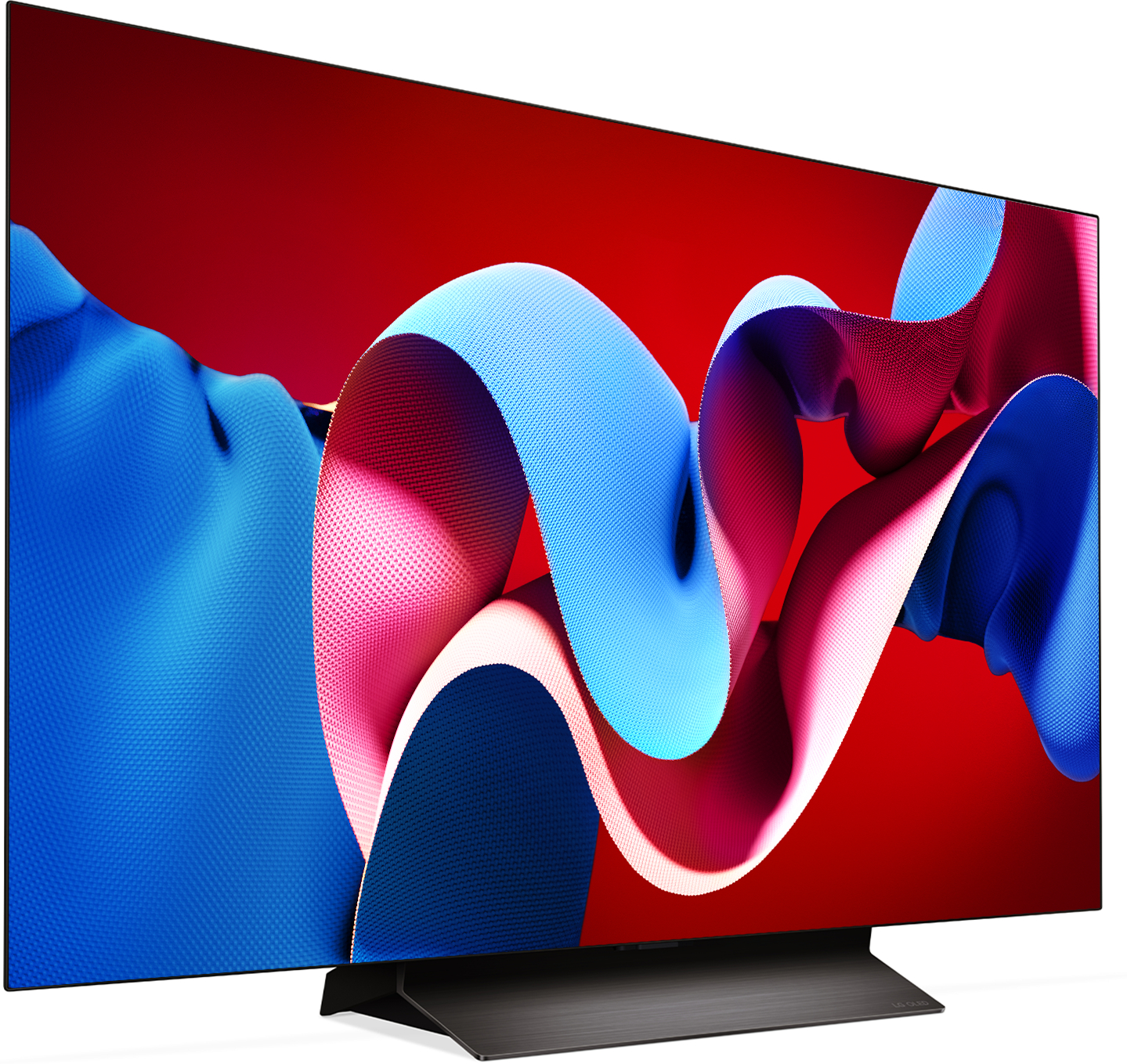 Ein Fernsehbildschirm mit einem lebendigen abstrakten Design in Rot und Blau.