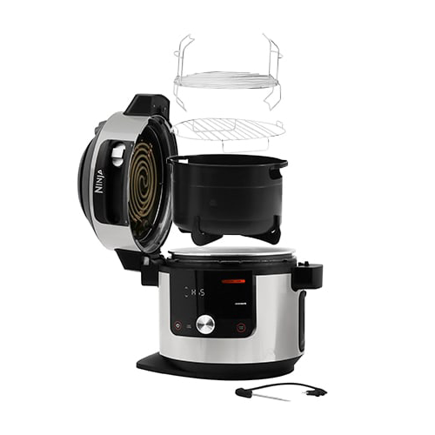 Multicooker Ninja con componenti visibili: pentola, elemento riscaldante e accessori.