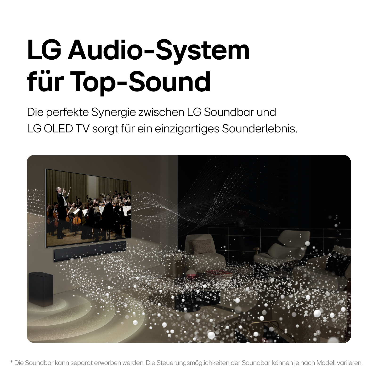 Eine LG-Anzeige zeigt eine Soundbar und einen OLED-TV mit Schallwellen. Der Text lautet 'LG Audio-System für Top-Sound'.