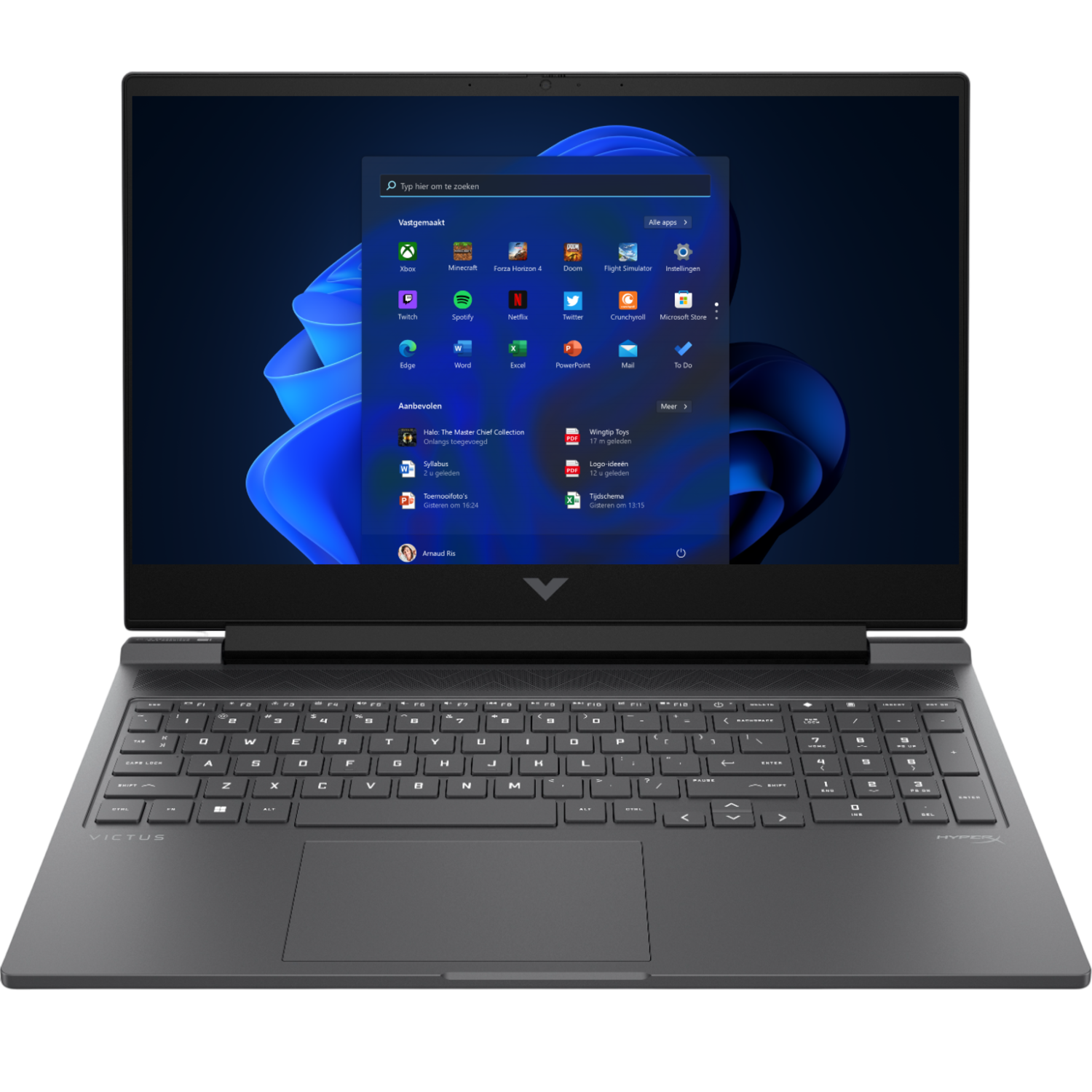 Zwarte laptop met de Windows 11-interface op het scherm, met een donkere achtergrond.