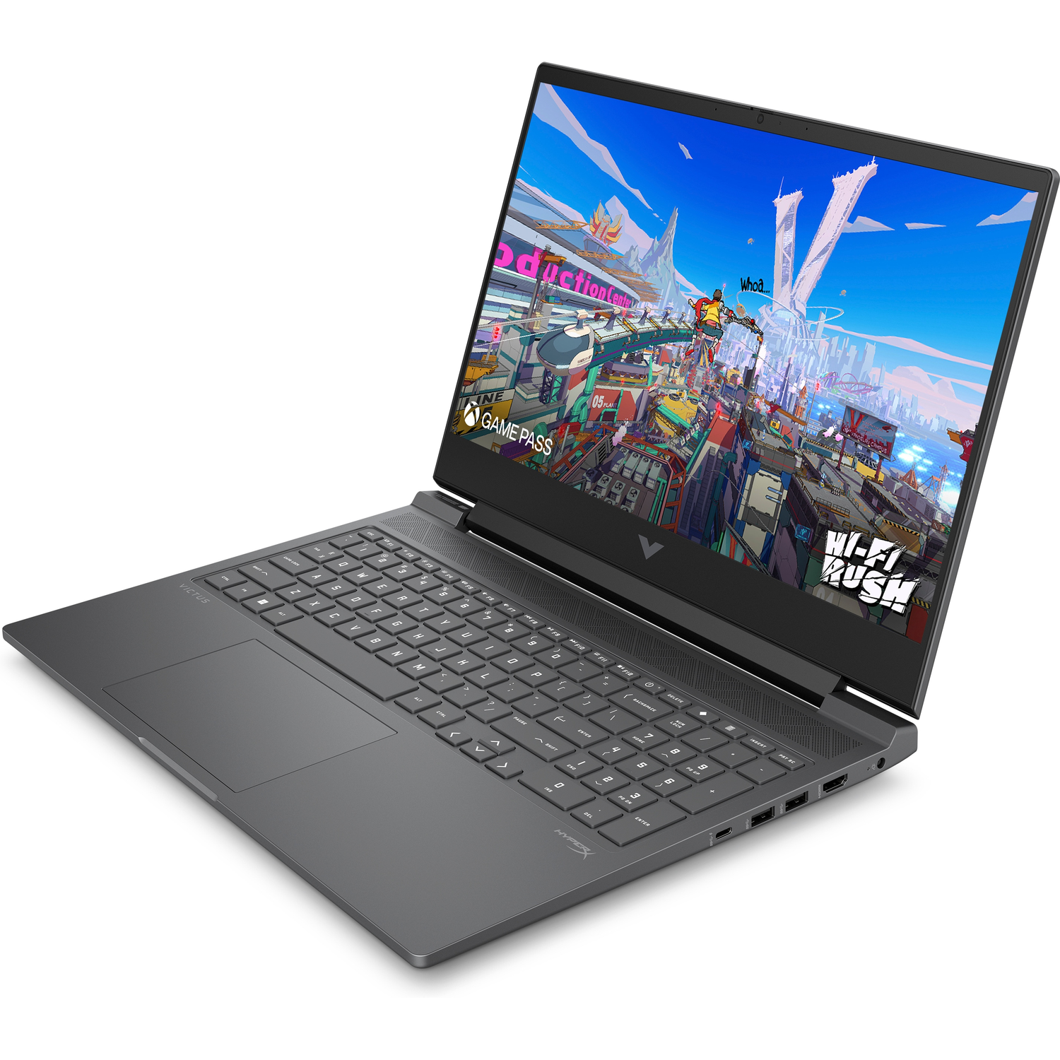 Een grijze laptop is open en toont een kleurrijke spelscène. De laptop is naar rechts gekanteld.