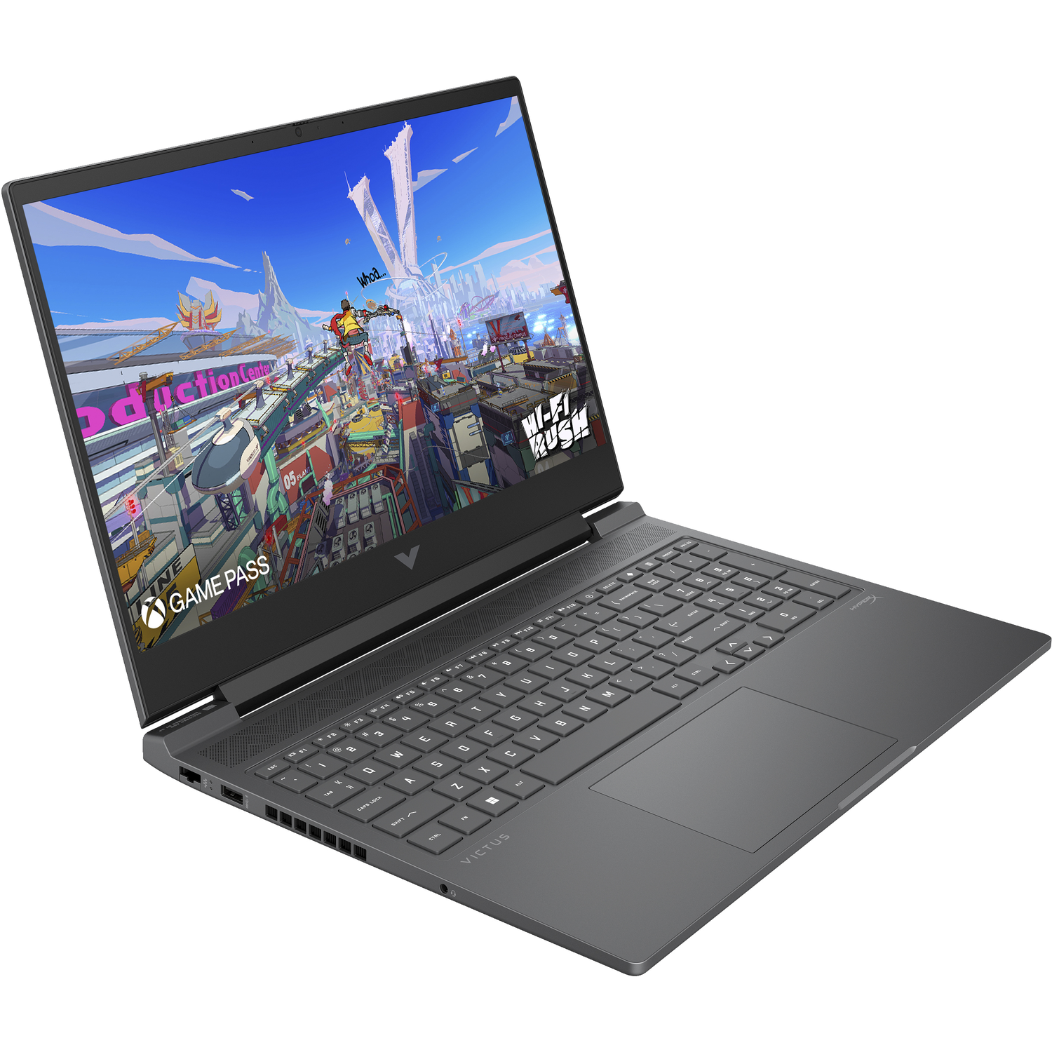 Laptop met game op scherm. Toetsenbord en touchpad zichtbaar. Witte achtergrond.