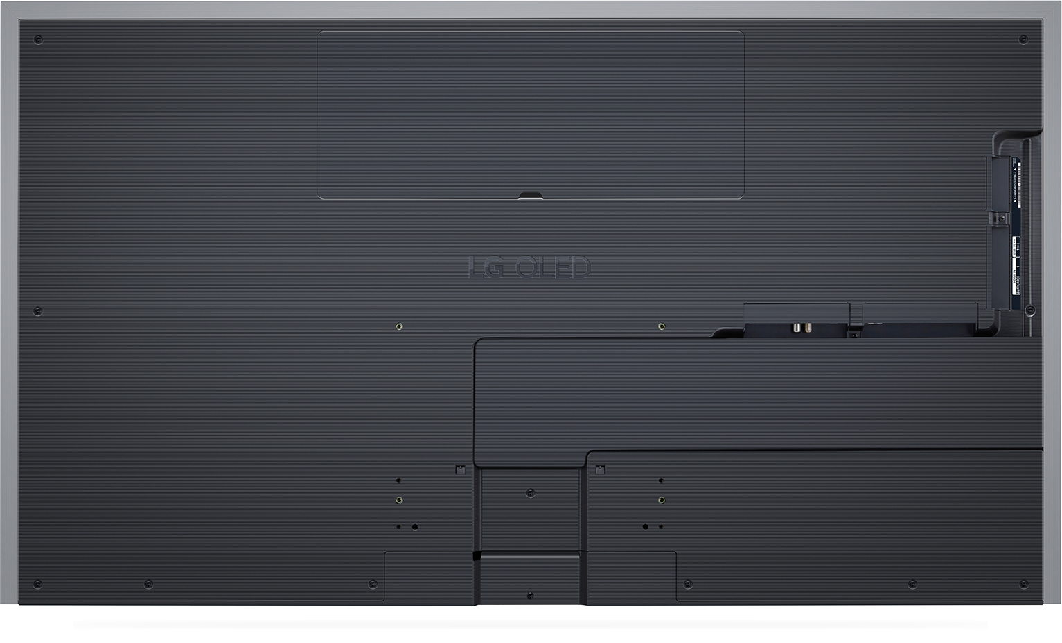 Die Rückseite eines großen LG OLED-Fernsehers mit Anschlüssen und Metallrahmen.