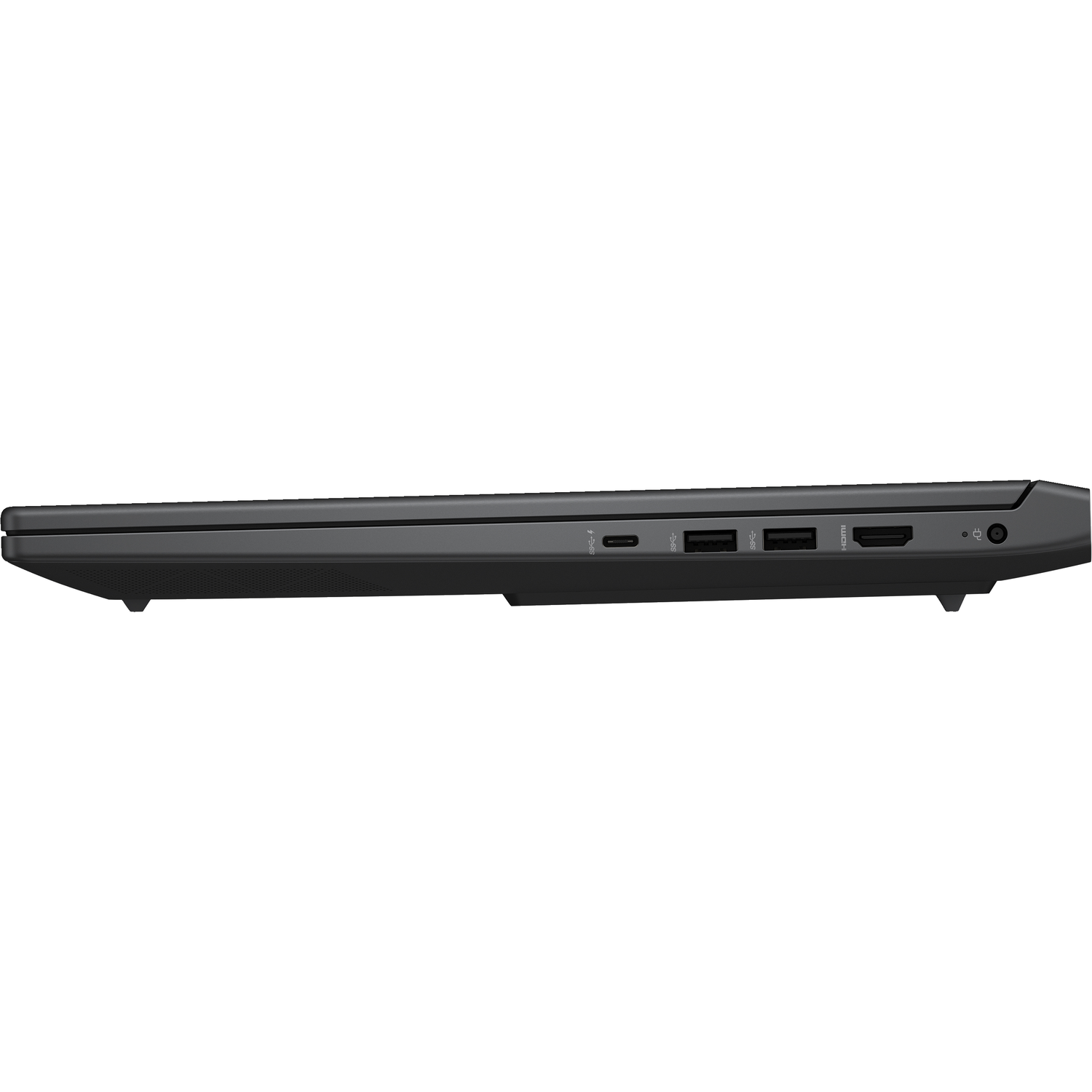 Zijaanzicht van een zwarte laptop. Poorten zijn USB en HDMI. Het heeft een strak ontwerp.