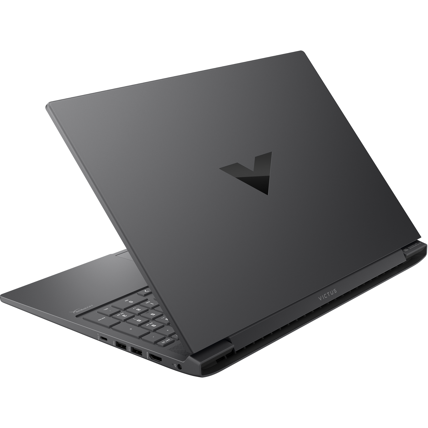 Donkergrijze laptop, onder een hoek open, met toetsenbord en logo op het deksel.