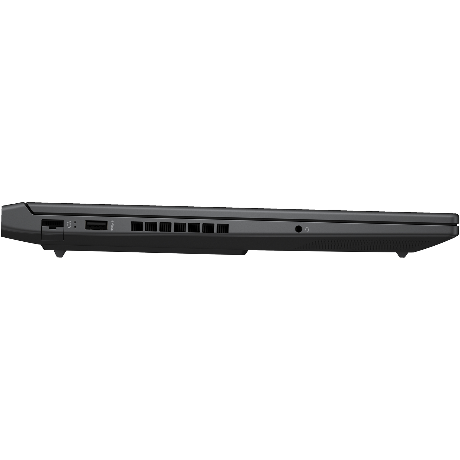 Zijaanzicht van een gesloten zwarte laptop met verschillende poorten zichtbaar.