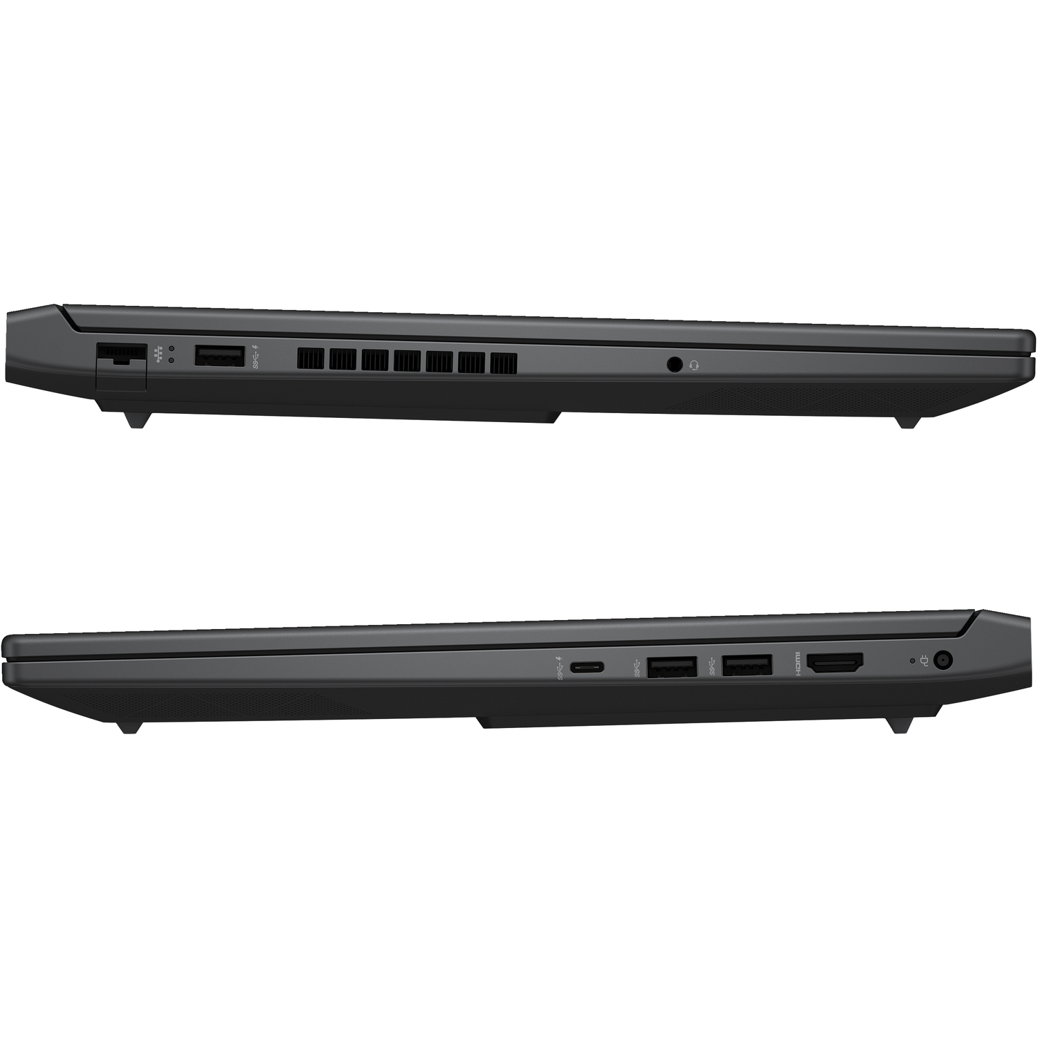 Twee weergaven van een donkere laptop, zijaanzicht, met zichtbare poorten.
