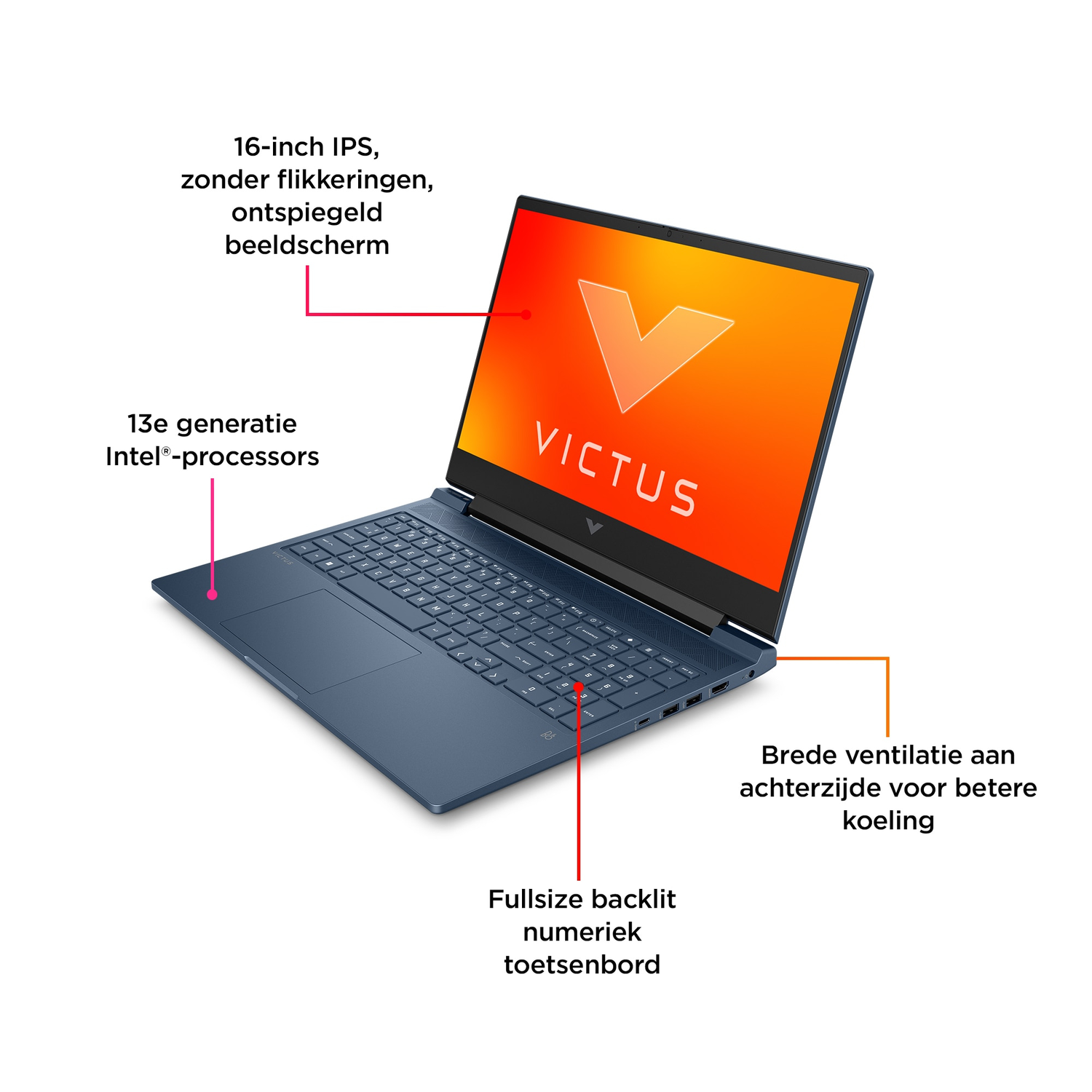 Een blauwe laptop toont een scherm met het woord 'VICTUS'.