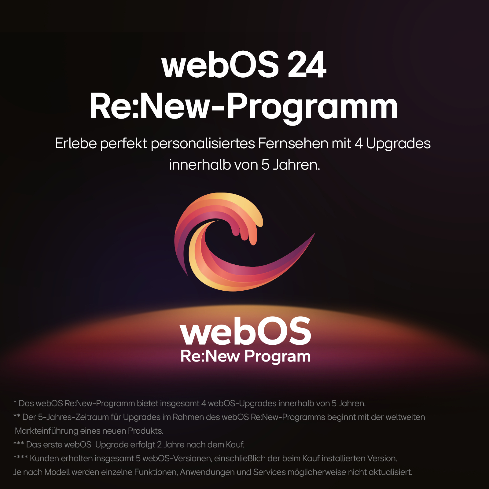 Werbegrafik für das webOS 24 Re:New-Programm eines Fernsehers, mit Logo und Text.