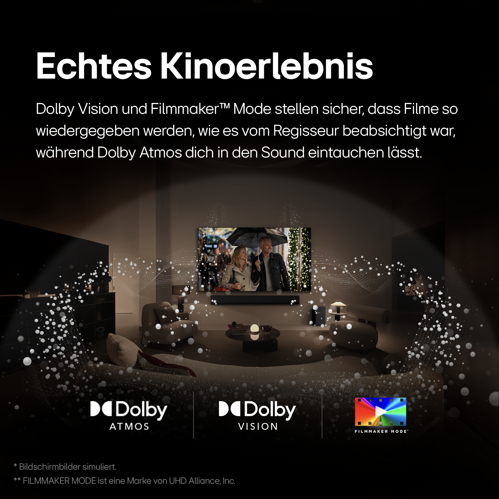 Wohnzimmerszene mit einem Fernseher, der ein Paar zeigt. Text oben: 'Echtes Kinoerlebnis'.