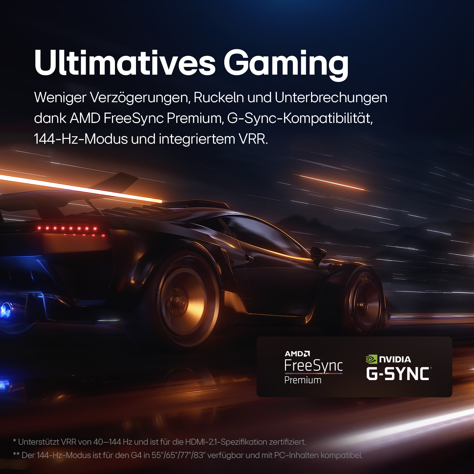 Gaming-Anzeige mit einem Auto. Dunkler Hintergrund. AMD FreeSync- und NVIDIA G-SYNC-Logos werden angezeigt.