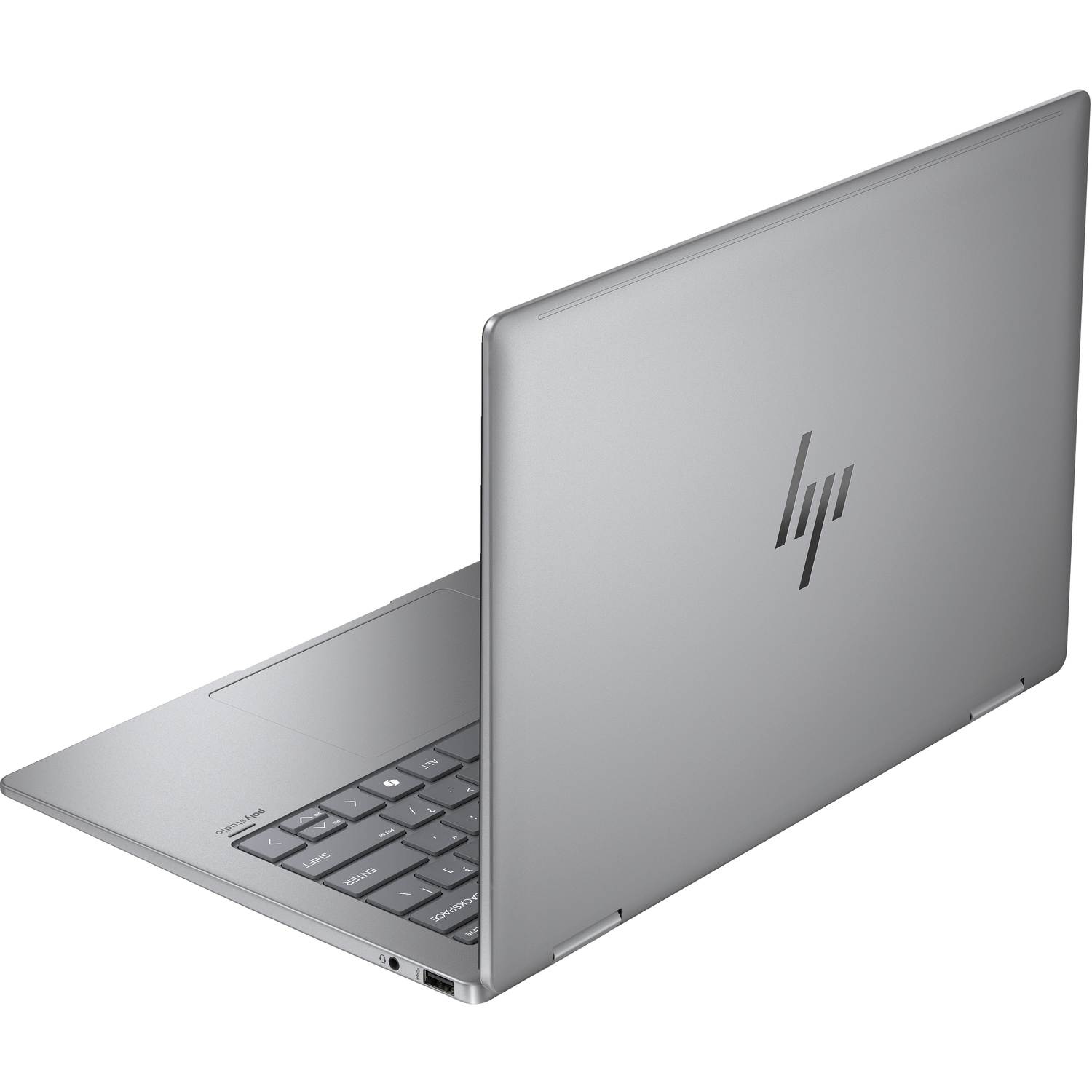 Zilveren laptop, open, toont toetsenbord en achterkant met HP-logo.