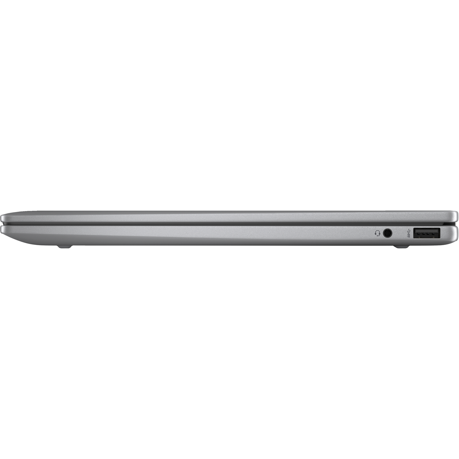 Zijaanzicht van een zilveren laptop met poorten aan de rechterkant. Hoofdtelefoonaansluiting en USB-poort.